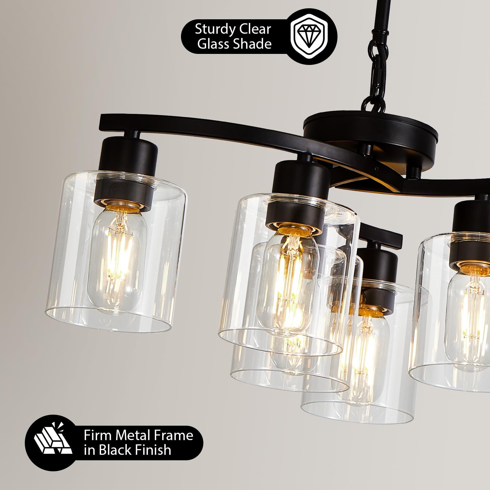 6-Light Modern Farmhouse Chandelier - Black Industrial Pendant Ceiling Light with Clear Glass Shade - Contemporary Hanging Lighting Fixture for Dining Room, Living Room, Kitchen Island & Entryway