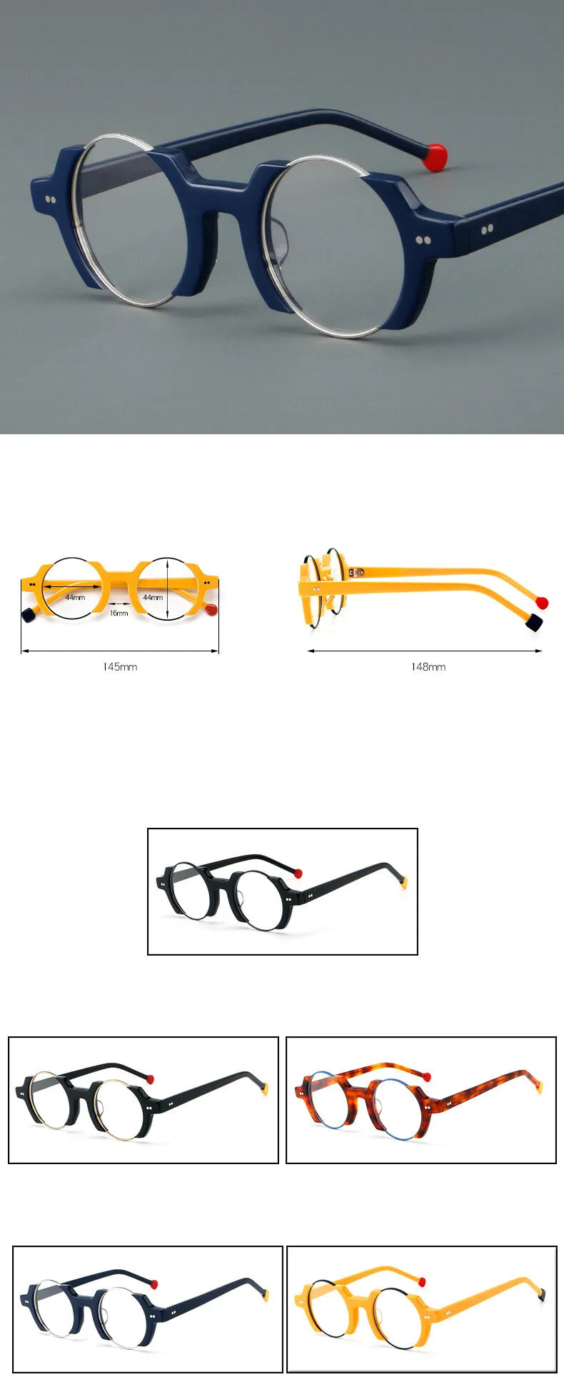 CCspace Unisex Semi-Rim Round Acetate Eyeglasses Frame 301778 - Lightweight & Durable for Reading, Work & Fashion
