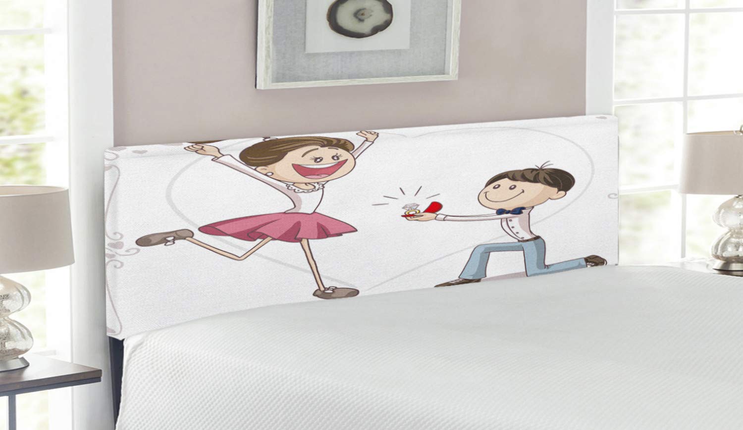 Ambesonne Romantic Couple Wedding Headboard - Queen Size Upholstered Metal Bed Frame with Memory Foam | Engagement Party Decor, Pink Blue & White Cartoon Design | Perfect for Bedroom, Guest Room & Wedding Gift