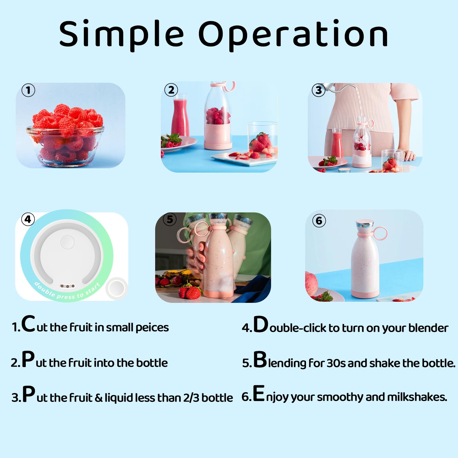 Portable Mini Blender for Smoothies, Milkshakes & Protein Shakes - 11oz Rechargeable Personal Blender with 4 Stainless Steel Blades & Leak-Proof Travel Lid - Perfect for Camping, Travel, Gym & Outdoor Adventures (Black)