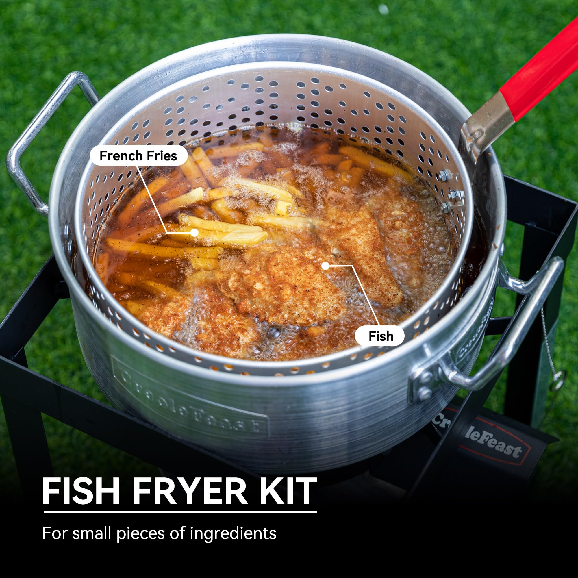 Creole Feast TFP1030 30 Quart Turkey Fryer & 10 Quart Fish Fryer Kit with 50,000 BTU Propane Burner – Outdoor Deep Fryer & Seafood Boiler Steamer for Backyard Cooking, Camping, Tailgating – Silver & Black