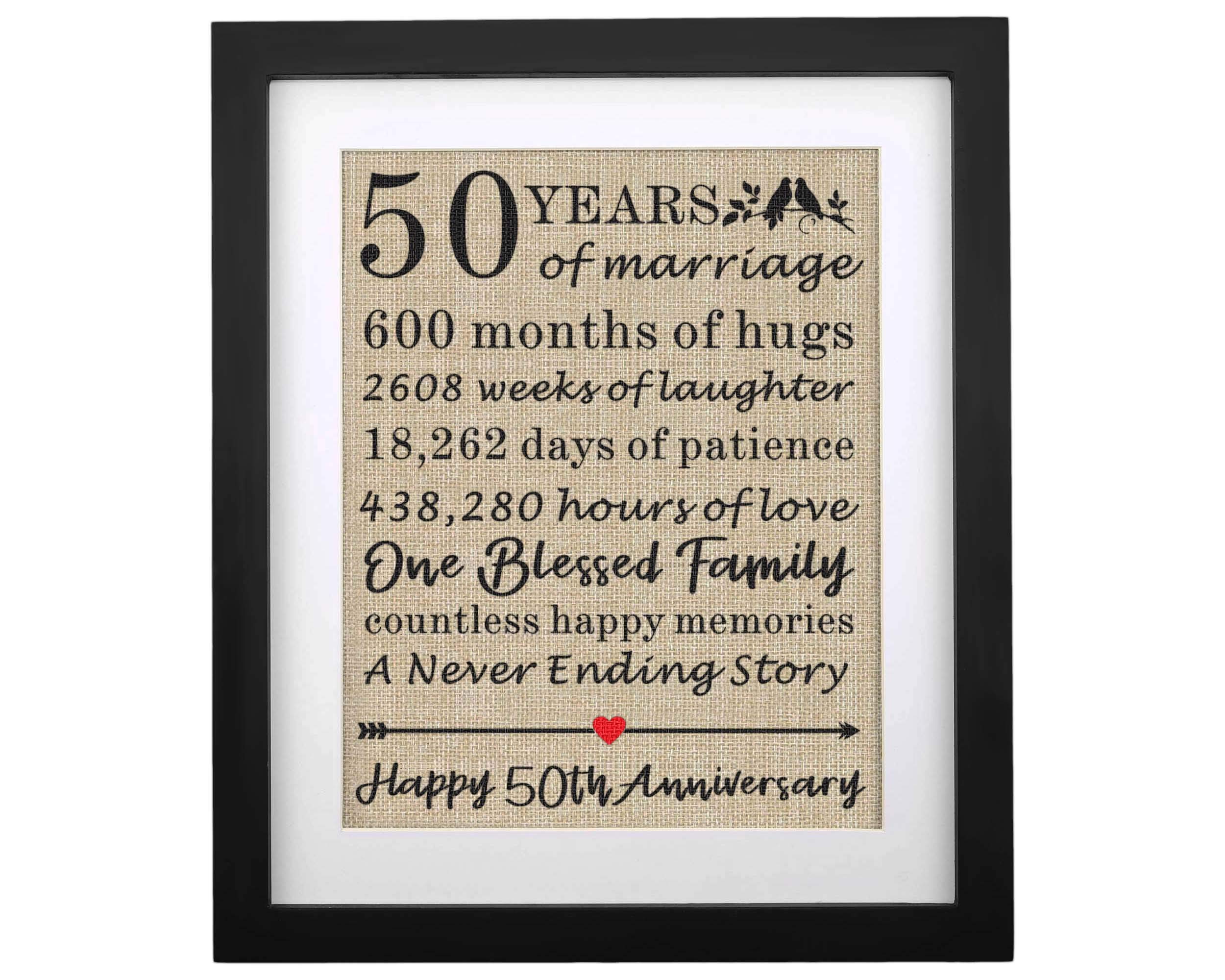 50th Anniversary Framed Burlap Print - Golden Wedding Keepsake Gift for Grandma, Grandpa, Mom & Dad - Vintage Home Decor for 50 Years of Marriage Celebration (Frame Included) - Perfect for Anniversaries, Family Reunions & Wall Decor