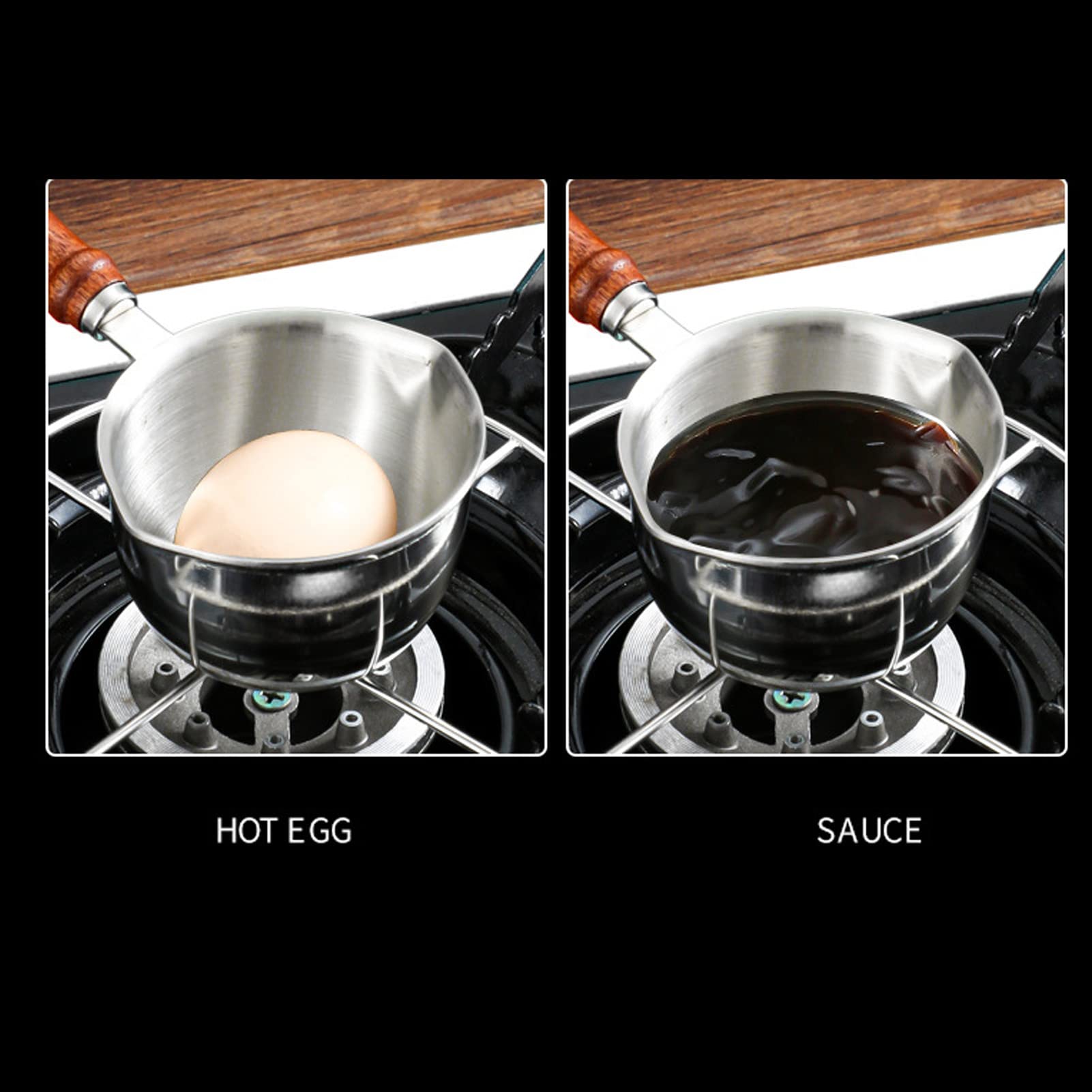200ml Stainless Steel Milk Pot & Butter Melting Pot with Dual Pour Spouts - Multipurpose Sauce Pan for Coffee, Tea, Chocolate & Cooking - Wooden Handle & Dishwasher Safe - Perfect for Kitchen, Cafe & Home Use