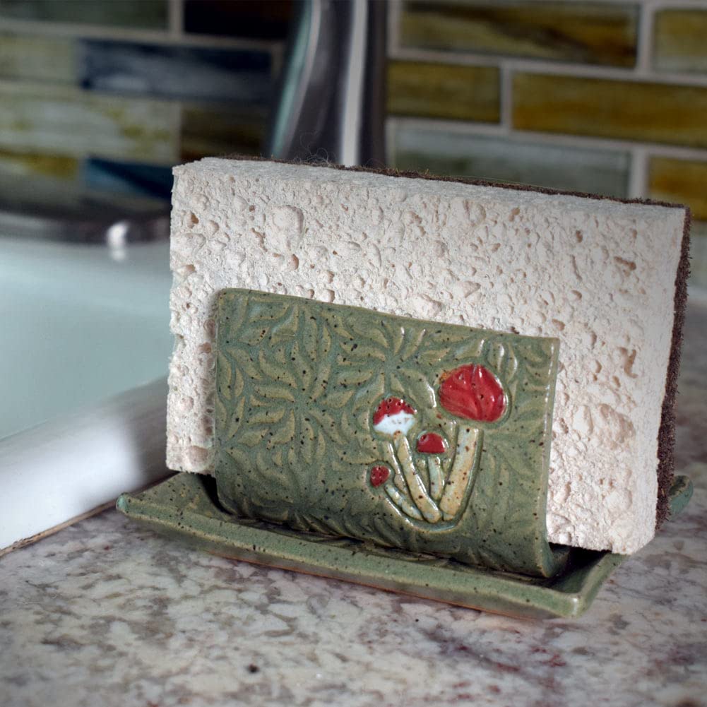 Retro Earthy Green Mushroom Sponge Holder - Handmade Pottery for Kitchen & Bathroom Decor