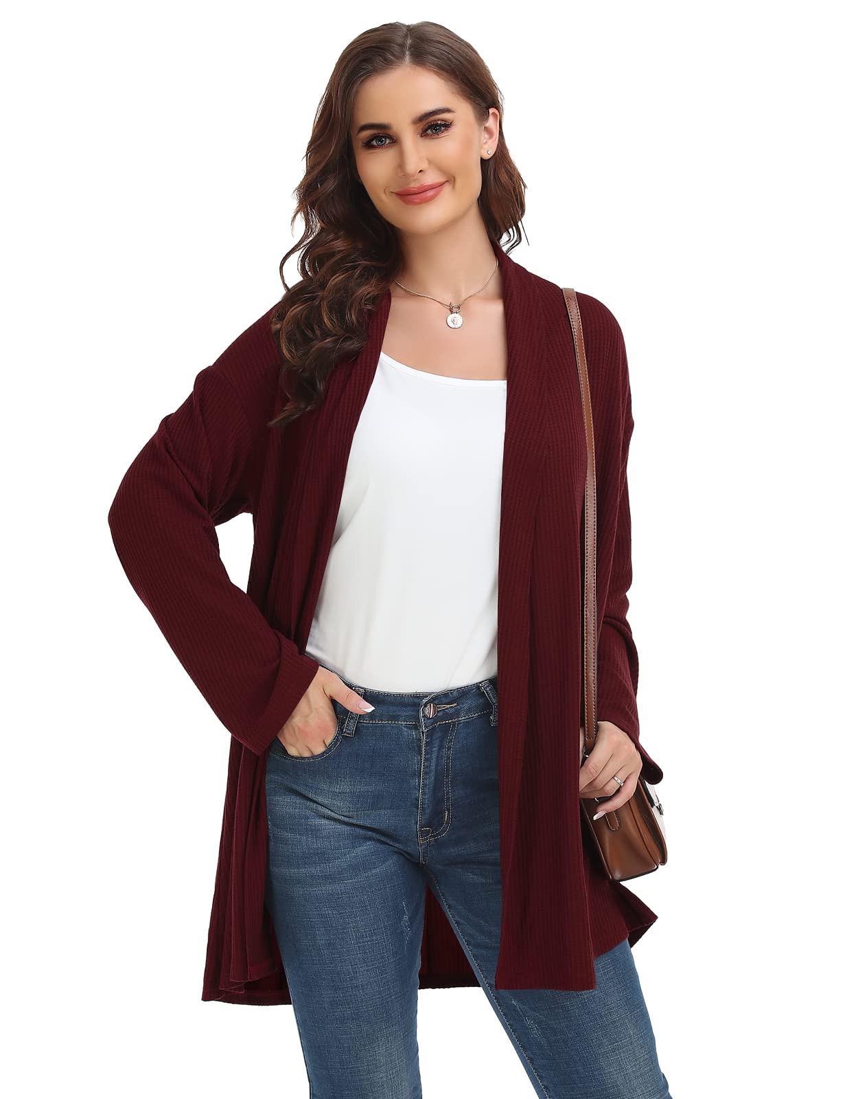 MONNURO Plus Size Women's Open Front Lightweight Waffle Knit Cardigan - Long Sleeve Casual Sweater for Fall & Winter | Perfect for Office, Travel & Everyday Wear