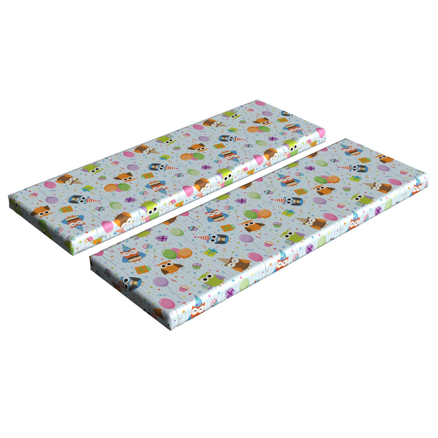 Ambesonne 2-Piece Birthday Bench Cushion Set - Cheerful Owl Party Design with Hats, Balloons, Cakes & Gifts - 45