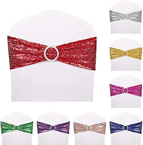 50pcs Red Sequin Chair Sashes - Stretch Spandex Chair Bands with Buckle for Wedding, Banquet, Birthday, Graduation, Anniversary & Prom Decorations - Perfect for Party Chair Decor and Celebration Events