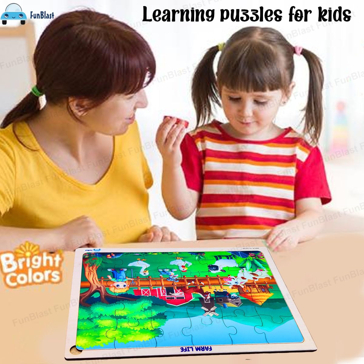 FunBlast 24-Piece Farm Life Wooden Jigsaw Puzzle for Kids Ages 3-5 - Educational Learning Toys for Toddlers, Floor & Tabletop Puzzle Games for Preschool Classroom or Home Playtime
