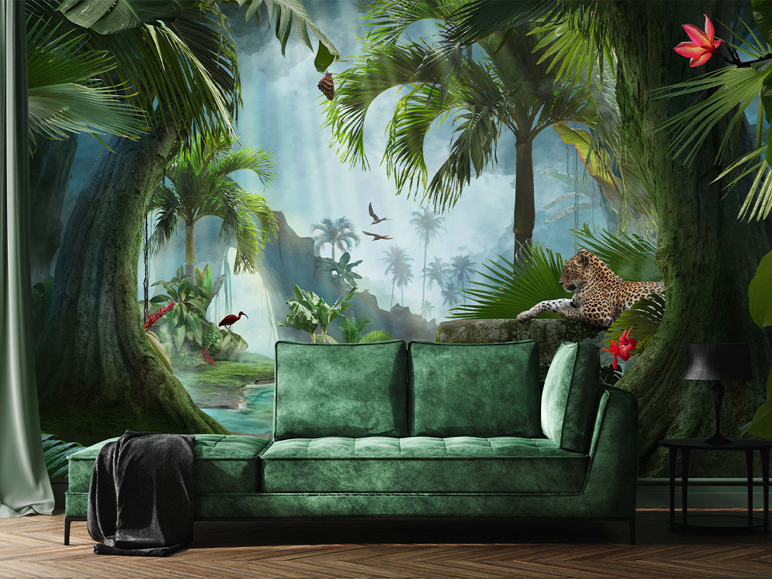 Green Tropics Wall Mural CCM192 - Tropical Leaves Peel and Stick Wallpaper for Bedroom, Living Room & Nursery Decor