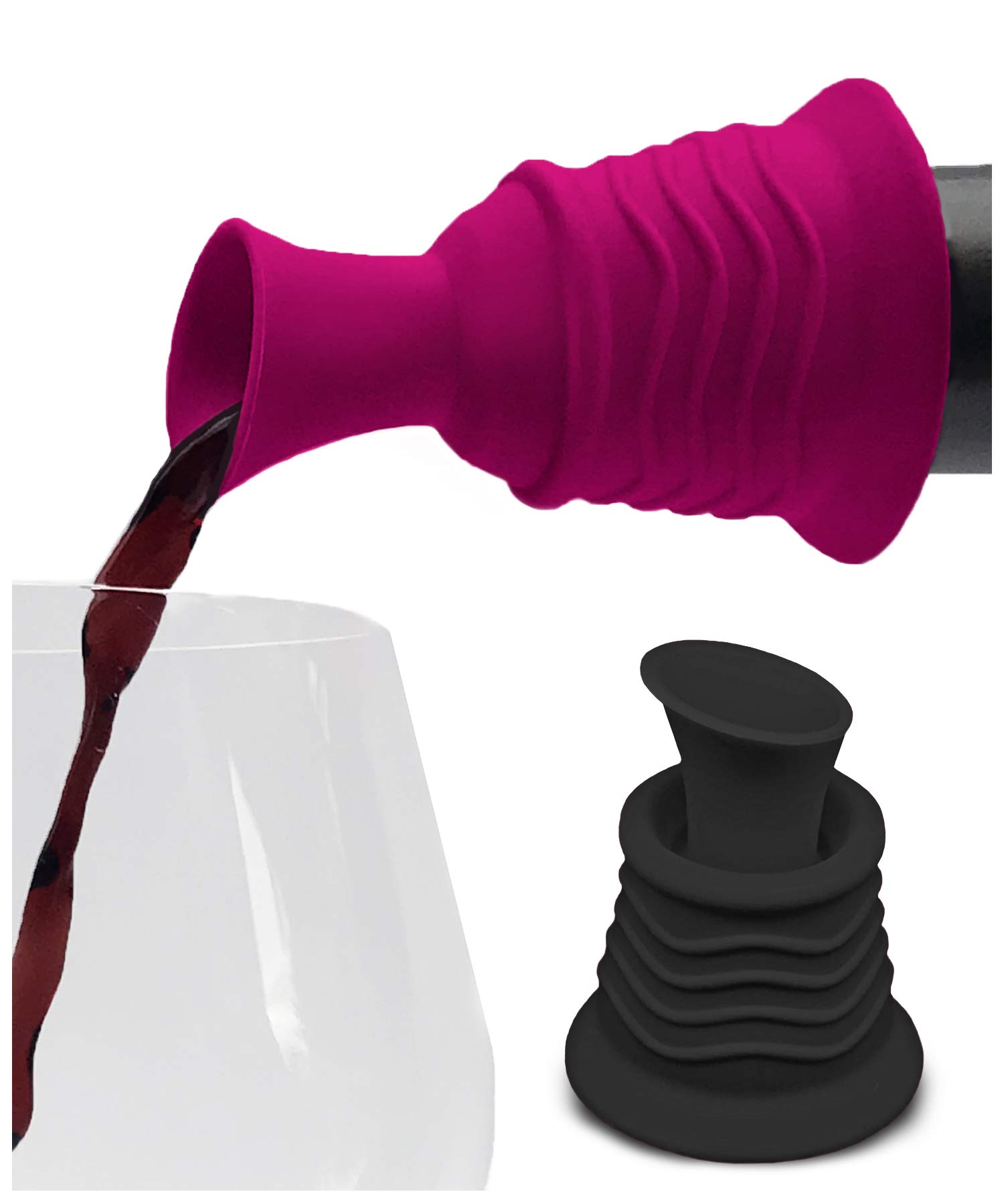 Premium Wine Stopper and Pourer Set - 2 Pack Pink & Black Silicone Wine Accessories for Easy Serving | Perfect for Parties, Gifts & Home Bars