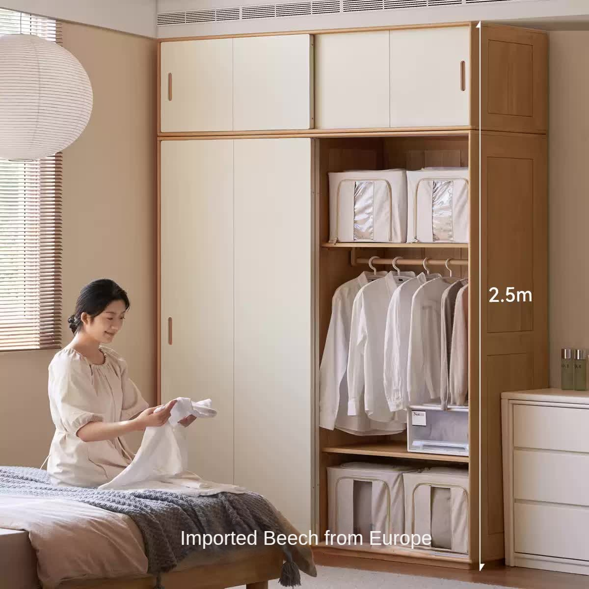 Solid Wood Beech & Poplar Nordic Sliding Door Wardrobe - Modern Closet for Bedroom, Living Room, and Entryway Storage