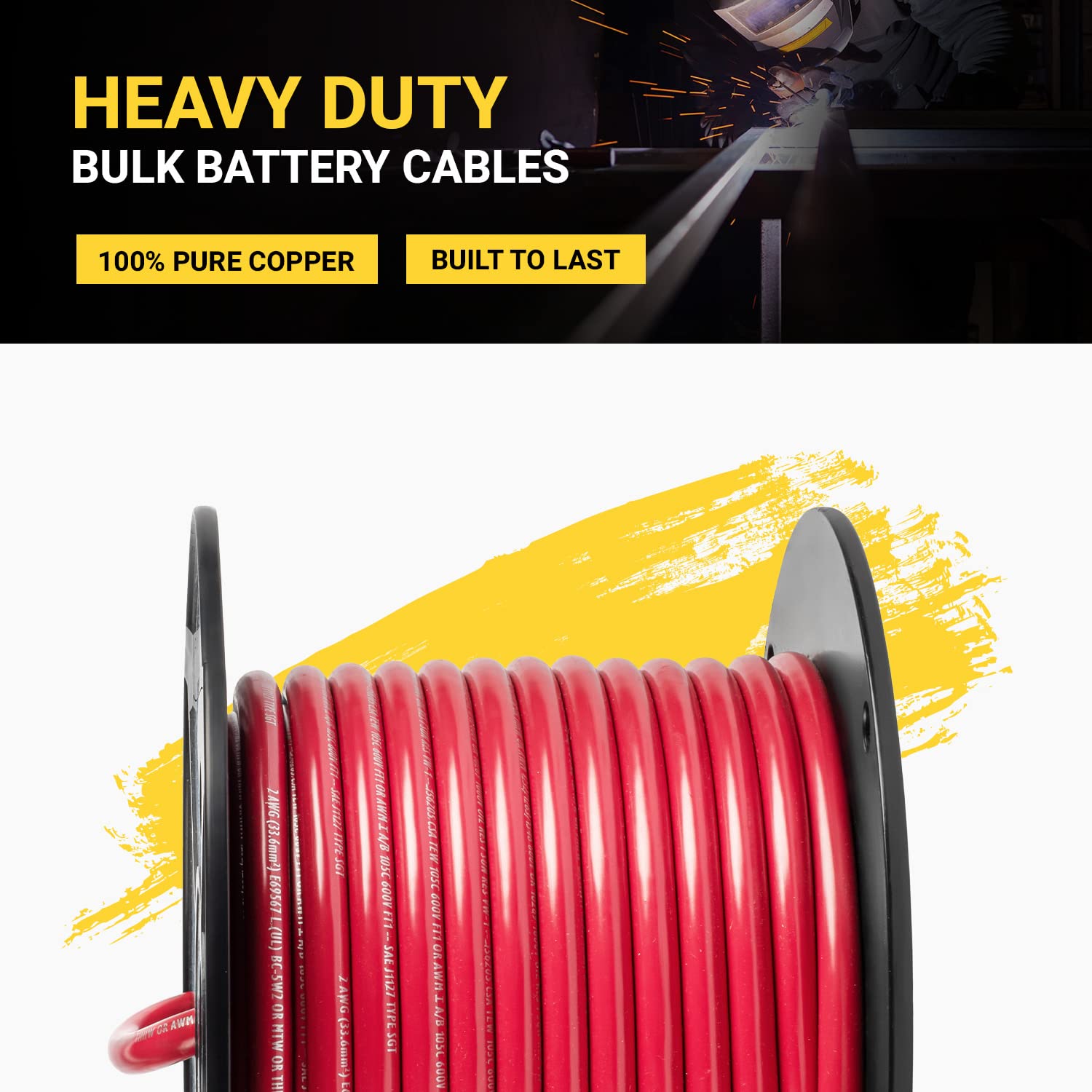 Premium Spartan Power Battery Cable - 100% Pure Copper Wire for Automotive, Inverter, MPPT, Car Audio & RV Applications - Heavy-Duty Power Supply for Car Stereo, Speaker Amp & Trailer Wiring - Made in USA - Perfect for Off-Road Vehicles, Marine Use & Solar Power Systems