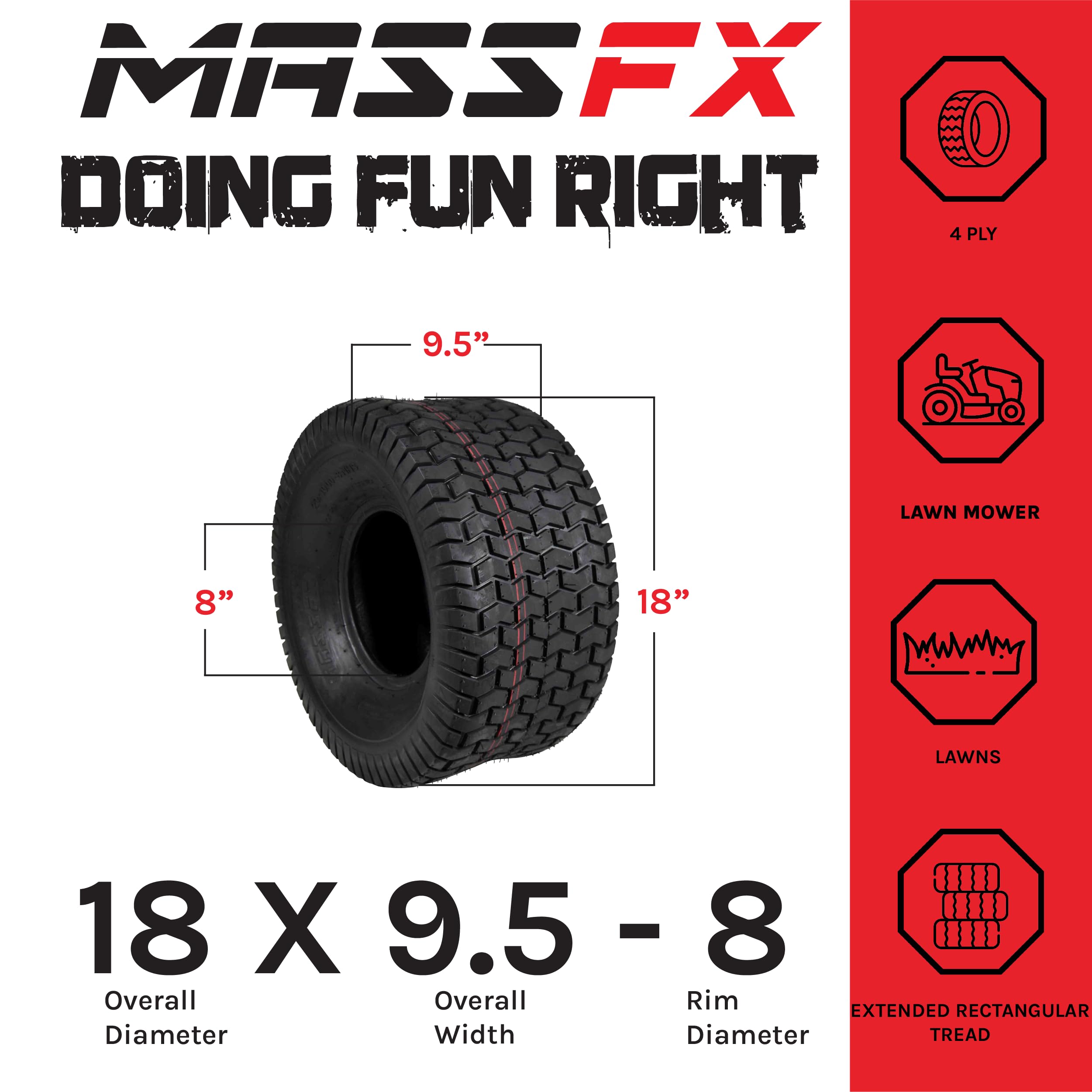 MASSFX 18x9.50-8 4-Ply Turf Tires for Golf Carts & Lawn Mowers - Heavy Duty All-Terrain Traction for Golf Courses, Farms & Landscaping