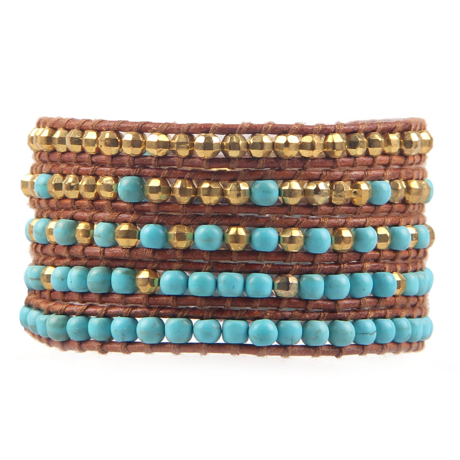 KELITCH Women's Turquoise Leather Wrap Bracelet - 5 Strand Bohemian Jewelry with Gold & Silver Beads for Casual & Festival Outfits | Perfect for Layering, Gift Giving & Boho Style Accessories