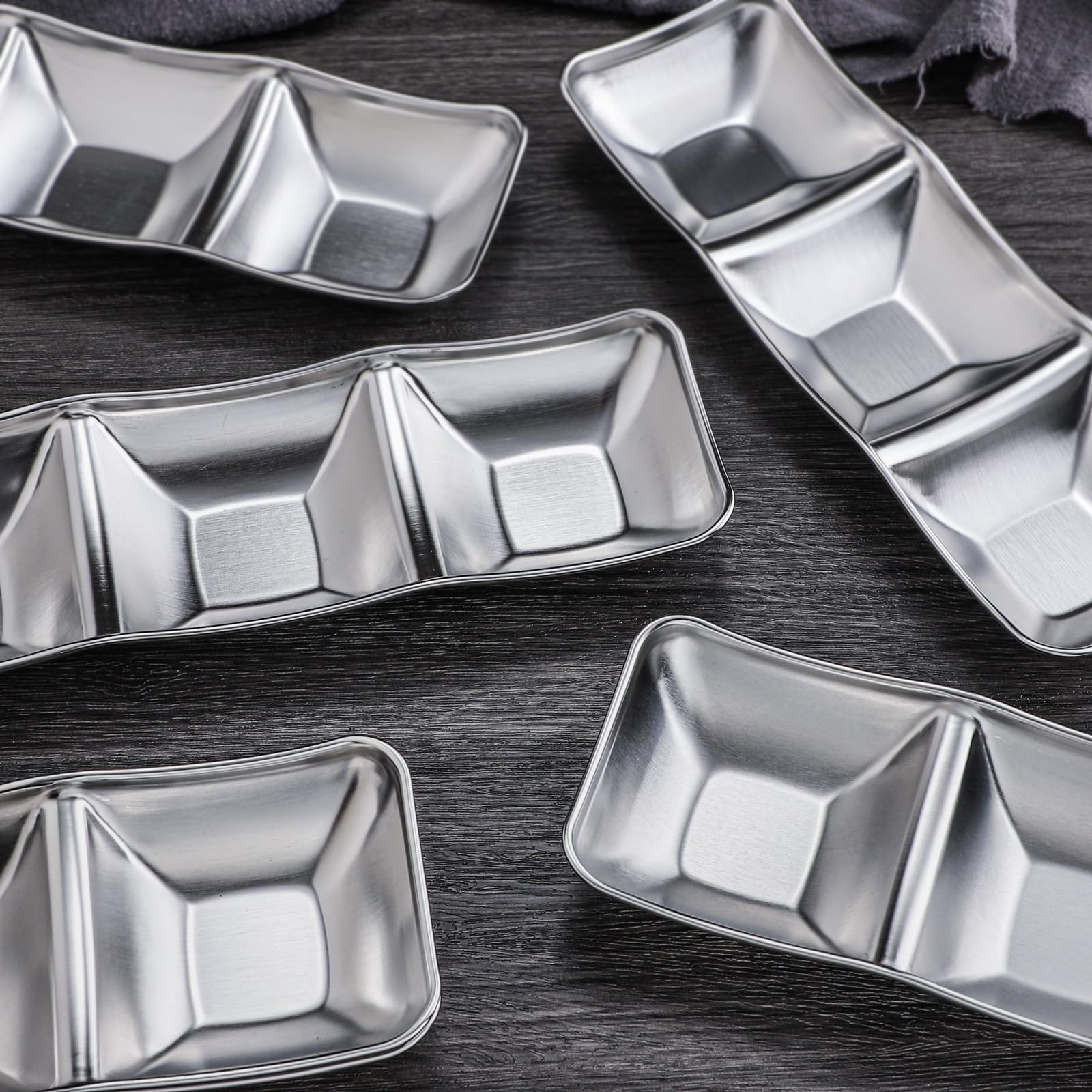 6-Piece Stainless Steel Divided Sauce Bowls - 3 Compartment Dipping Dishes for Soy Sauce, Ketchup, Seasoning - Perfect for Sushi, Dumplings, Hot Pot & Asian Cuisine