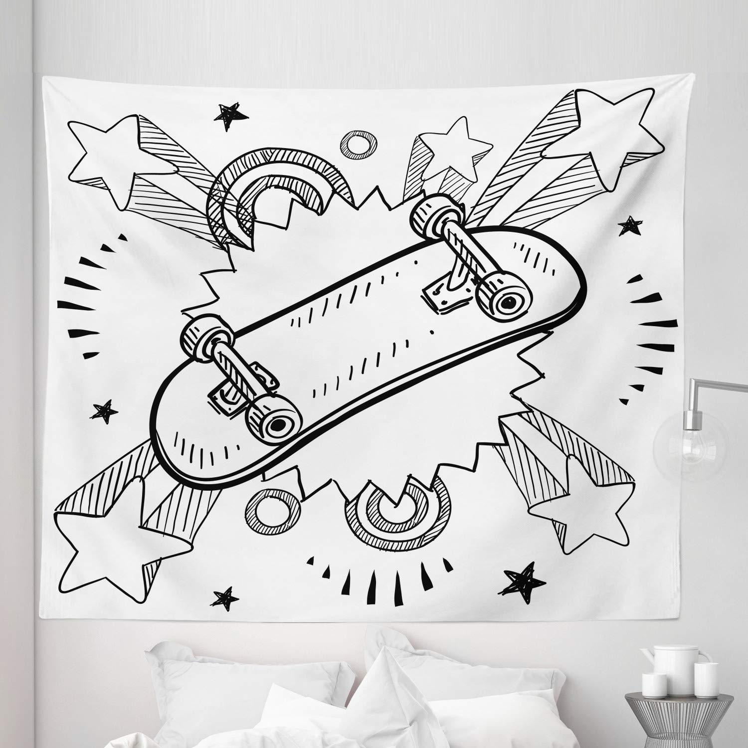 Ambesonne Vintage Skateboard Pop Art Tapestry - King Size 104x88 Inch Black & White Wall Hanging, Bedspread, Room Decor for Retro & Hipster Style Bedrooms, Living Rooms, Dorms