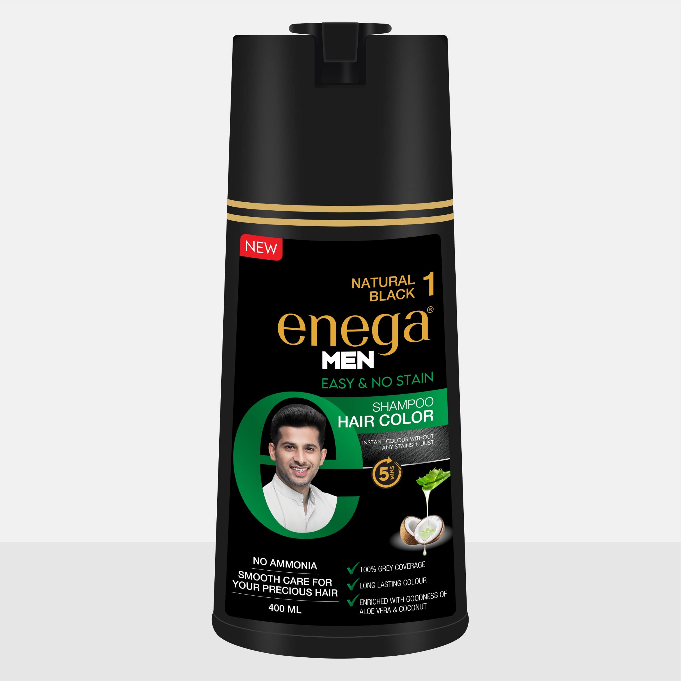 Enega Ammonia-Free Permanent Hair Color Shampoo - Natural Black for Women & Men - Long-Lasting Grey Coverage in 15 Minutes (400ml) | At-Home Hair Dye for Quick Root Touch-Ups & Full Color Refresh