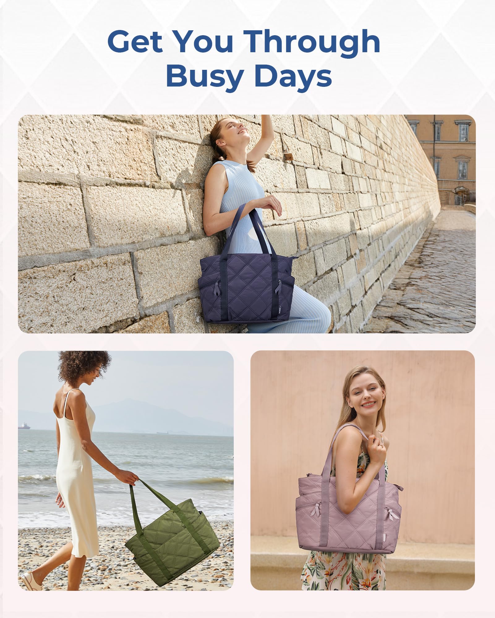 BAGSMART Quilted Puffer Tote Bag for Women - Zippered Carry On Travel Tote, Nurse Work Bag & Stylish Everyday Purse for Work, Gym, Shopping & Travel Essentials