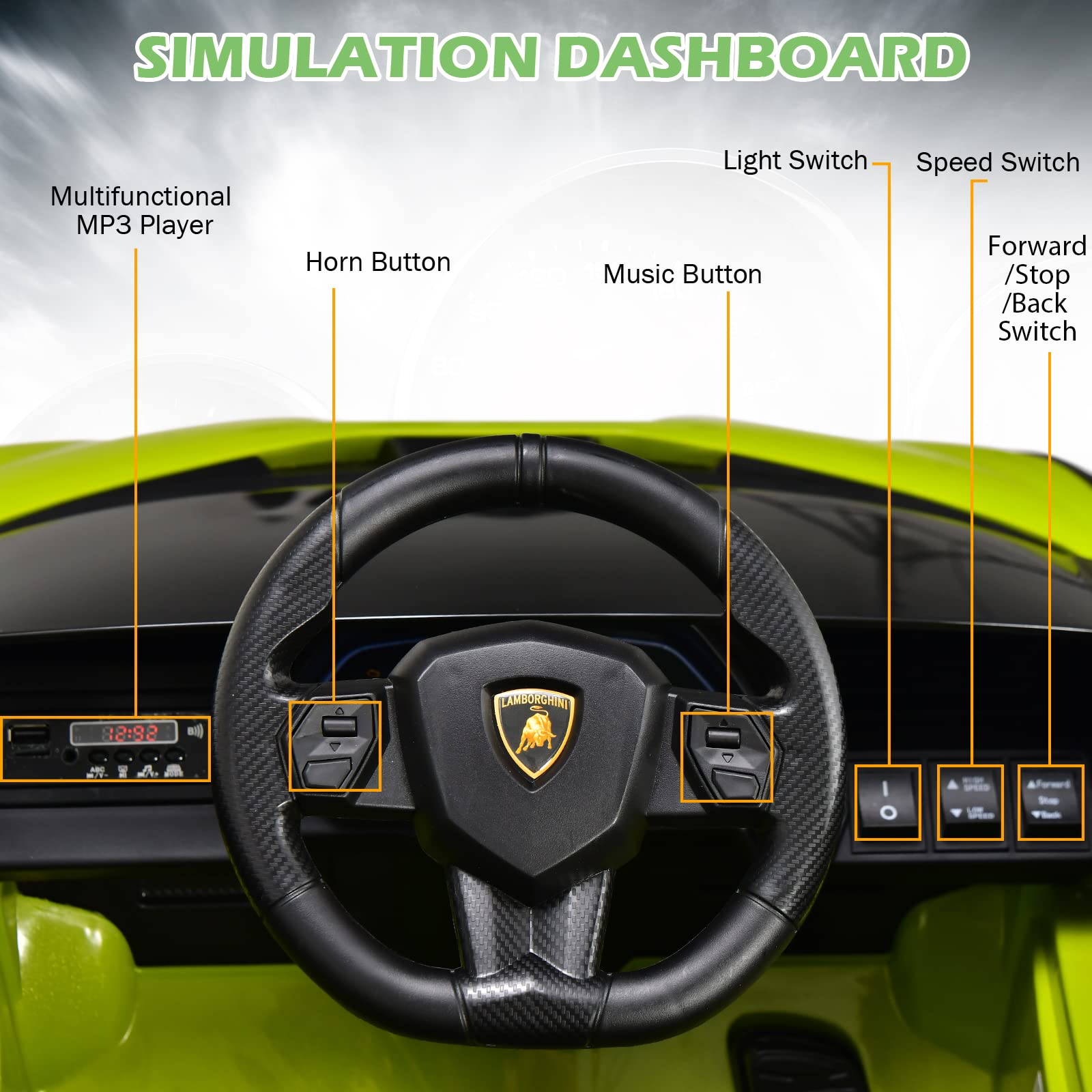 INFANS 12V Licensed Lamborghini Sian Kids Electric Ride-On Car with Parent Remote Control - Spring Suspension, MP3 Player & Carbon Fiber Texture - Green Toddler Toy Roadster for Indoor/Outdoor Play & Birthday Gifts
