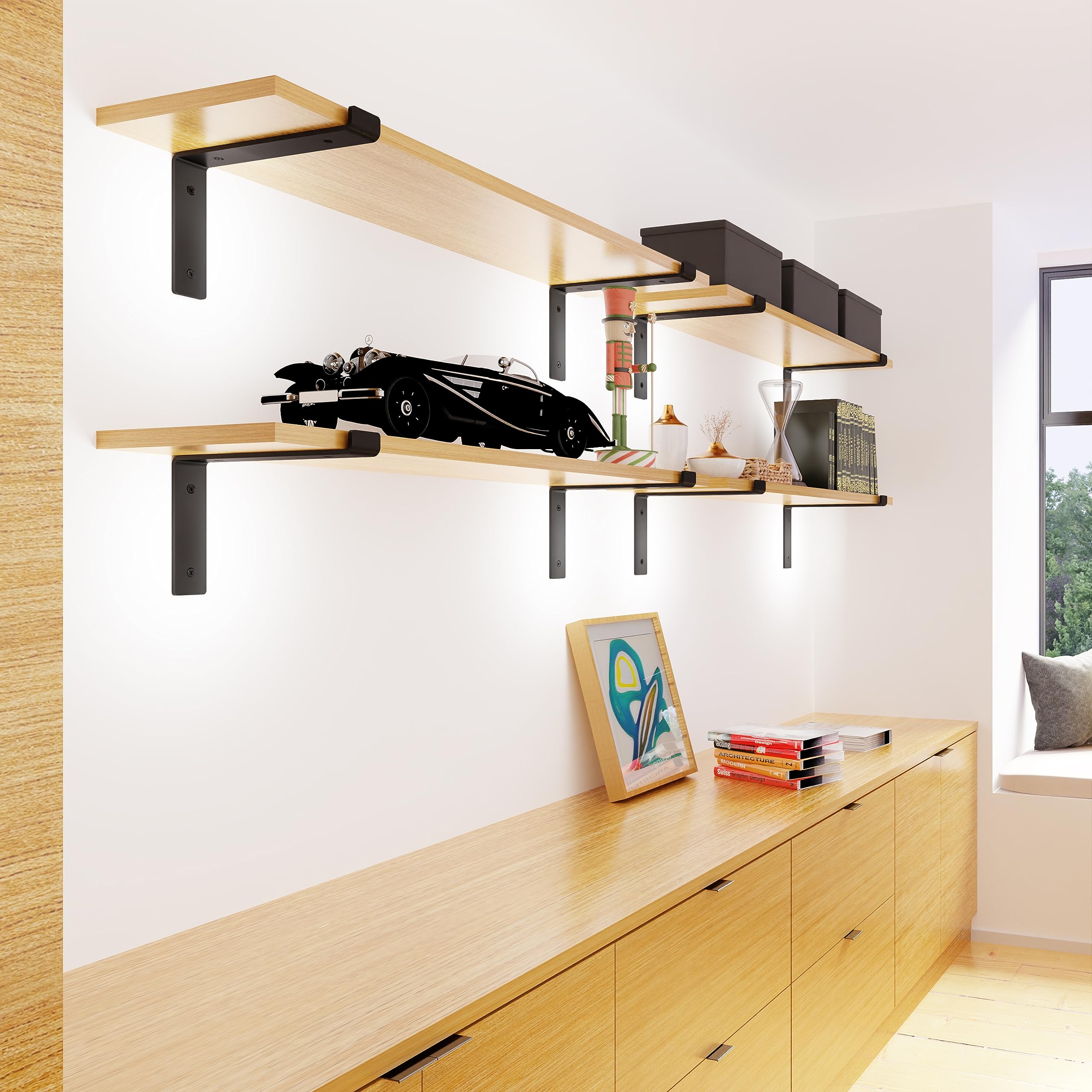 BATODA 10 Inch Heavy Duty Black Shelf Brackets with Lip - 6 Pack Z-Shaped Wall Mounted Brackets for 9.25