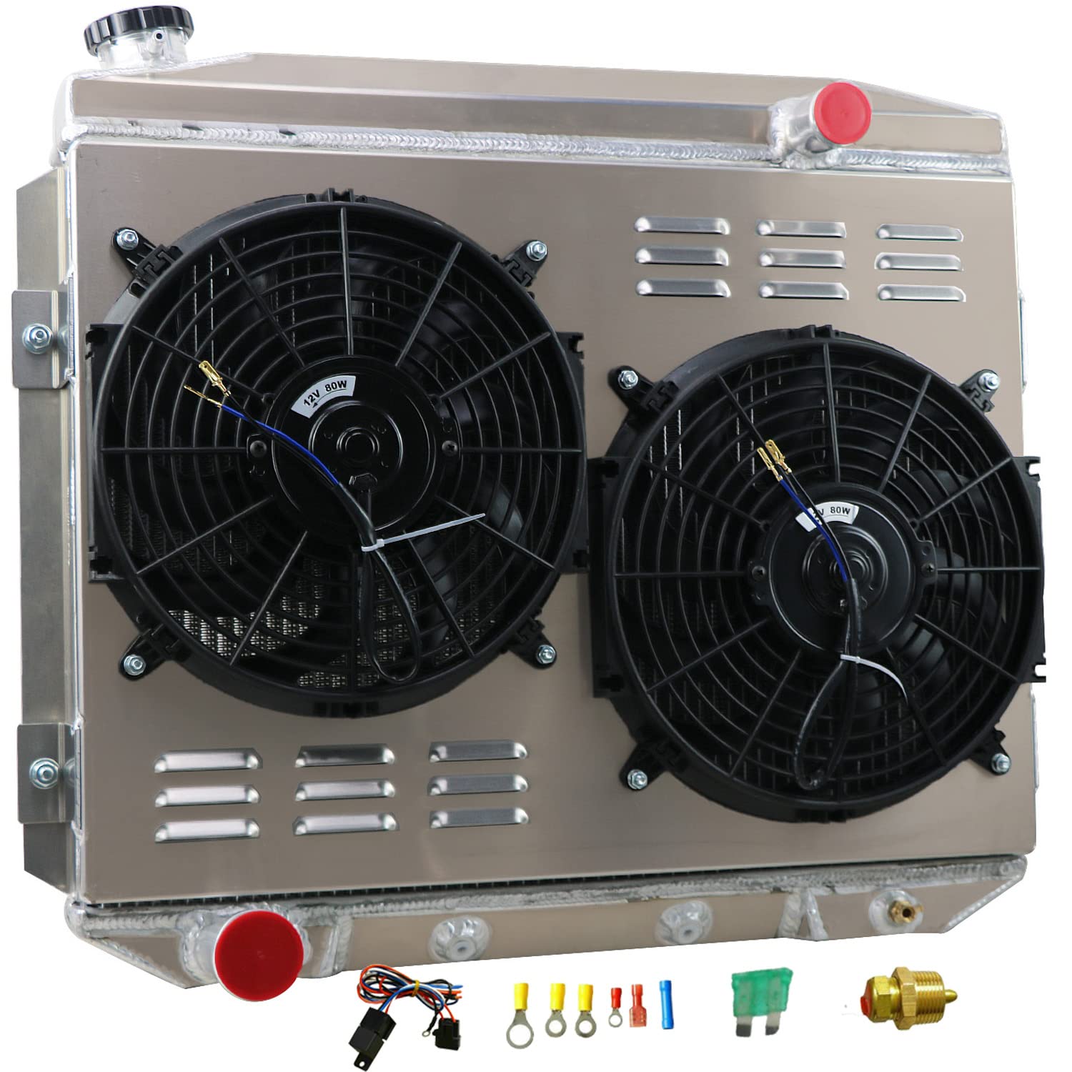 1957-1959 Ford Fairlane Galaxie Ranchero & Mercury Montclair Monterey Park Lane V8 Aluminum Radiator - 4 Row Core with Shroud & Fan Relay | High-Performance Cooling for Classic Cars