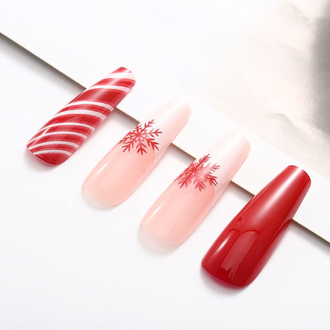 **Aksod 24Pcs Christmas Press on Nails - Glossy Red Coffin Fake Nails with Snowflake Design, Super Long Ballerina Full Cover Artificial Nails for Women & Girls | Perfect for Holiday Parties, Gift Giving & Special Occasions**