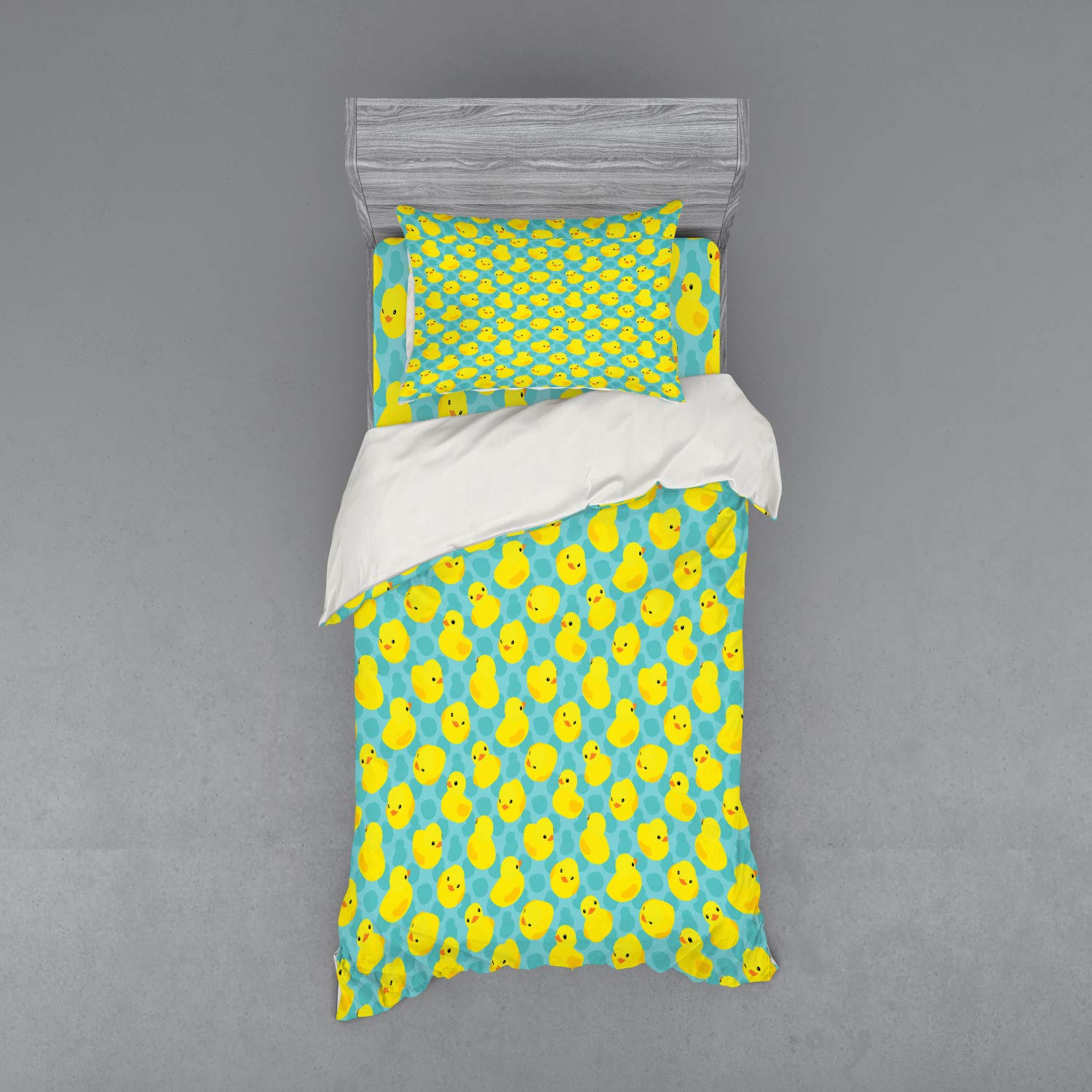 Lunarable Duckies Duvet Cover Set - 3 Piece Bathroom Toys Themed Rubber Ducks Bedding with Sham & Fitted Sheet, Twin XL Size, Pale Sea Green Yellow Orange - Perfect for Kids' Rooms, Themed Bedrooms & Duck Lovers