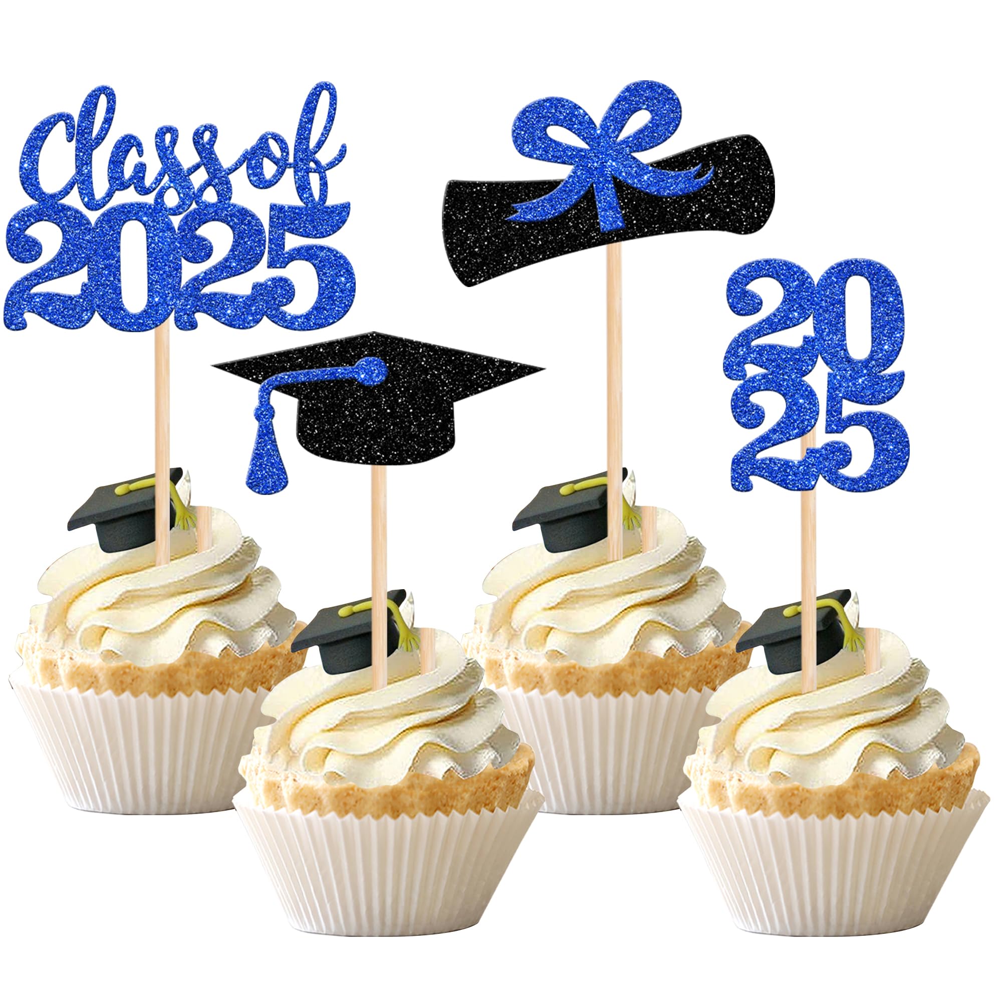36 PCS Class of 2025 Graduation Cupcake Toppers - Glitter Graduation Cap & Diploma Cake Decorations - Deep Blue Party Supplies for Graduation Ceremony, School Party & Celebration Decor
