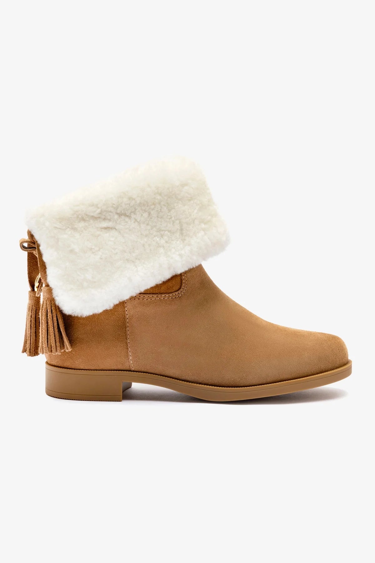 Verbier Bootie in Peanut Suede & Natural Shearling - Women's Winter Ankle Boots for Casual Outings & Cold Weather Fashion