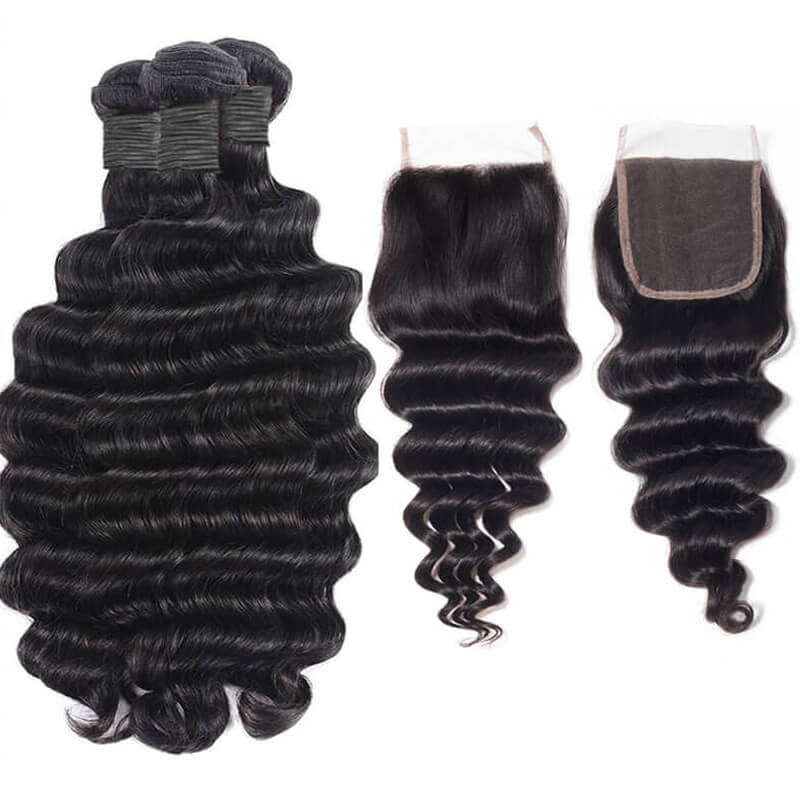 Eullair Loose Deep Wave Hair Bundles with Closure - 3/4 PCS Human Hair Extensions with 4x4 5x5 2x6 Lace Closure - Perfect for Styling, Parties & Everyday Wear