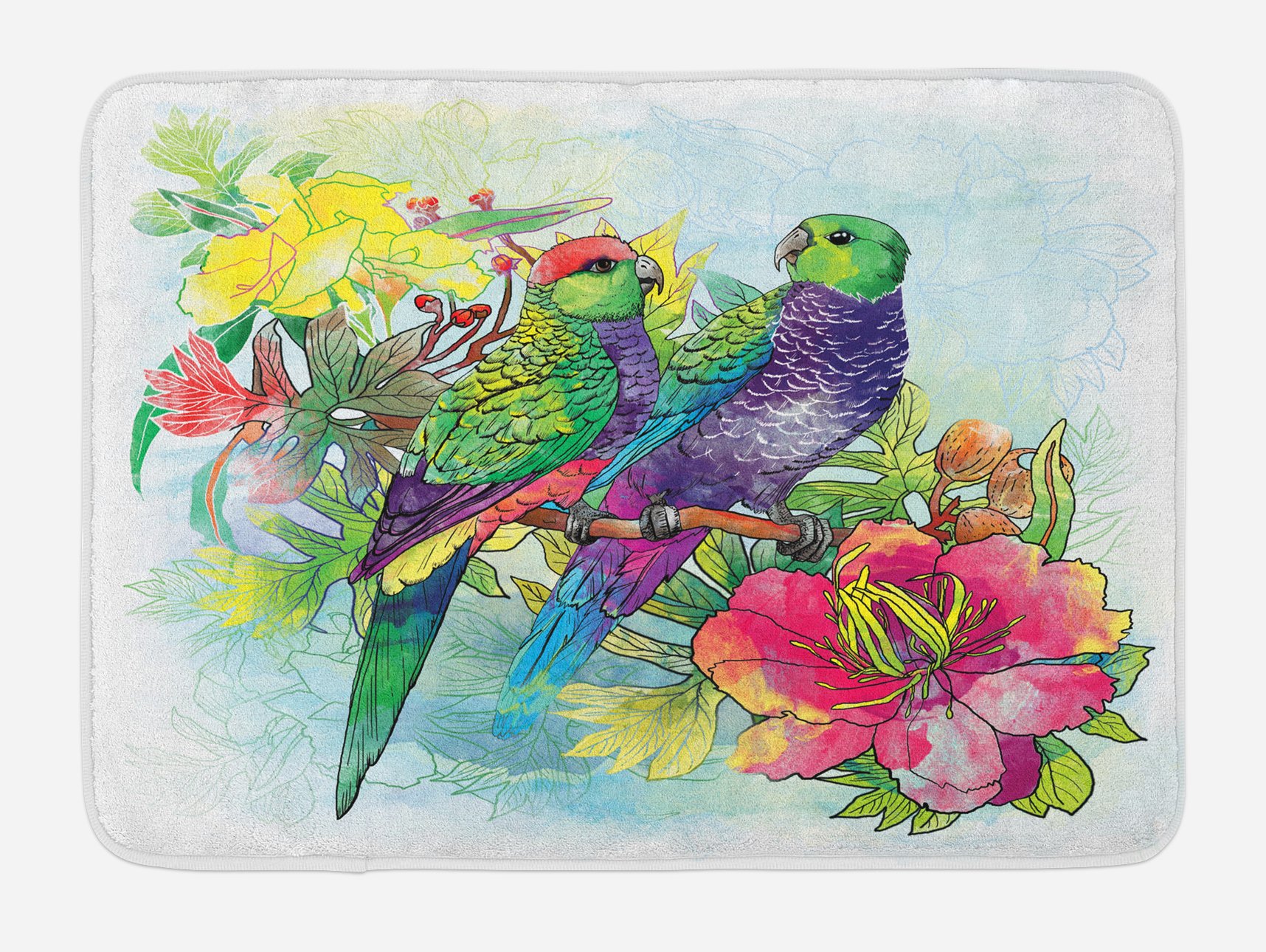 Ambesonne Non-Slip Parrot Bath Mat - Faded Flowers & Love Parrots Botanical Design with Romantic Orchids, Boho Style Plush Bathroom Rug, 30.2 x 20 Inches, Multicolor - Perfect for Bathroom Decor, Spa Retreat & Boho Chic Home
