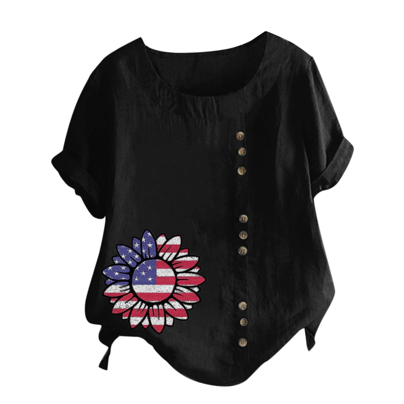 Trendy Women's Summer Short Sleeve Cotton Linen Button Blouse - Crew Neck 4th of July Print Tee for Casual Wear, Beach Outings & Holiday Celebrations