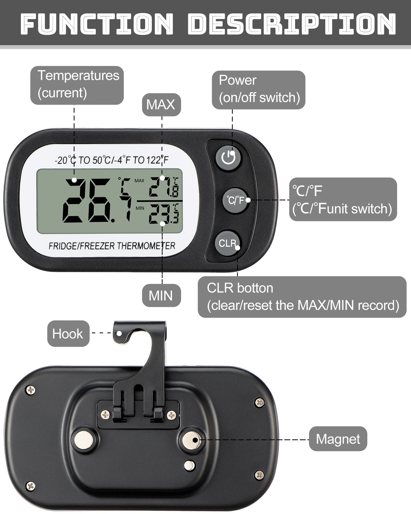 Frienda 12 Pack Digital Fridge Thermometer - Waterproof Refrigerator & Freezer Thermometer with Max/Min Record Function, LCD Screen, Hook & Magnetic Back - Ideal for Home Kitchen, Grocery Stores & Food Safety Monitoring (Black)