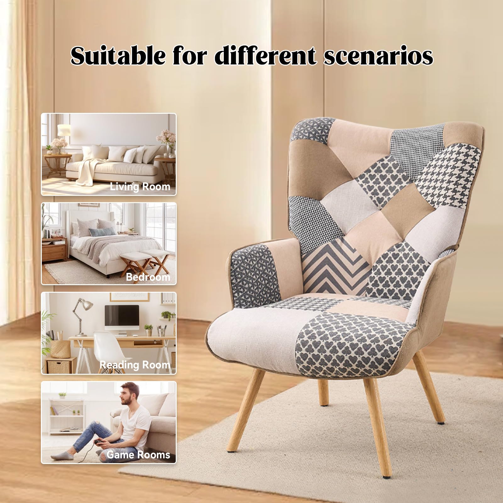 Joysoul Modern High Back Accent Chair - Grey Plaid Upholstered Armchair for Living Room, Bedroom & Waiting Room - Perfect for Reading, Relaxing & Home Decor