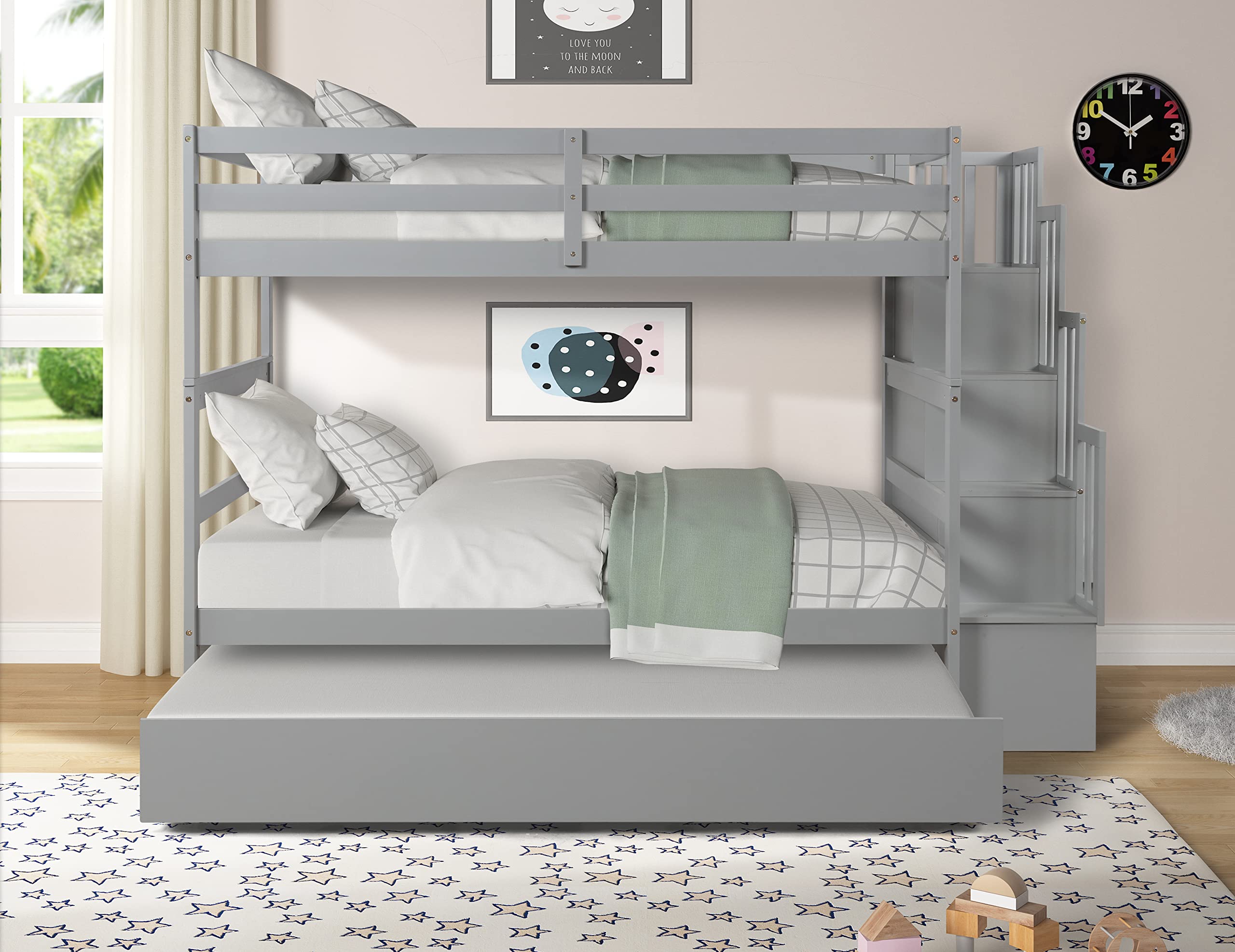 Harper & Bright Designs Twin Over Twin Bunk Bed with Trundle & Storage Shelf - Solid Wood Staircase Bunk Bed for Kids, Teens & Adults - Space-Saving Grey Bunk Bed for Small Rooms, Guest Rooms & Vacation Homes - No Box Spring Needed