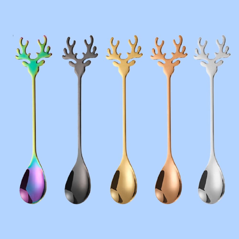 Deer Head Stainless Steel Coffee Spoon - Christmas Elk Sugar Stirring Spoon for Dessert, Kitchen & Tableware Decor - Gold (Perfect for Holiday Parties, Coffee Shops & Home Decor)