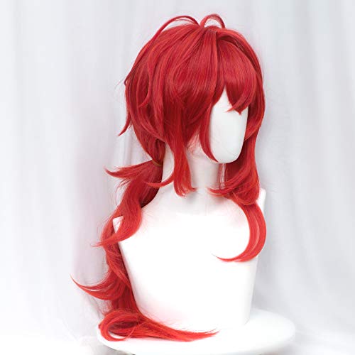 Premium Red Half and Half Diluc Cosplay Wig - Long Spiky Layered Anime Wig with Bangs for Unisex Women & Men | Perfect for Genshin Impact Cosplay, Halloween Costumes, and Anime Conventions