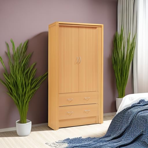 HODEDAH 2 Door Wood Wardrobe Closet with Clothing Rod & 2 Storage Drawers - Beech Finish for Bedroom Organization & Clothes Storage