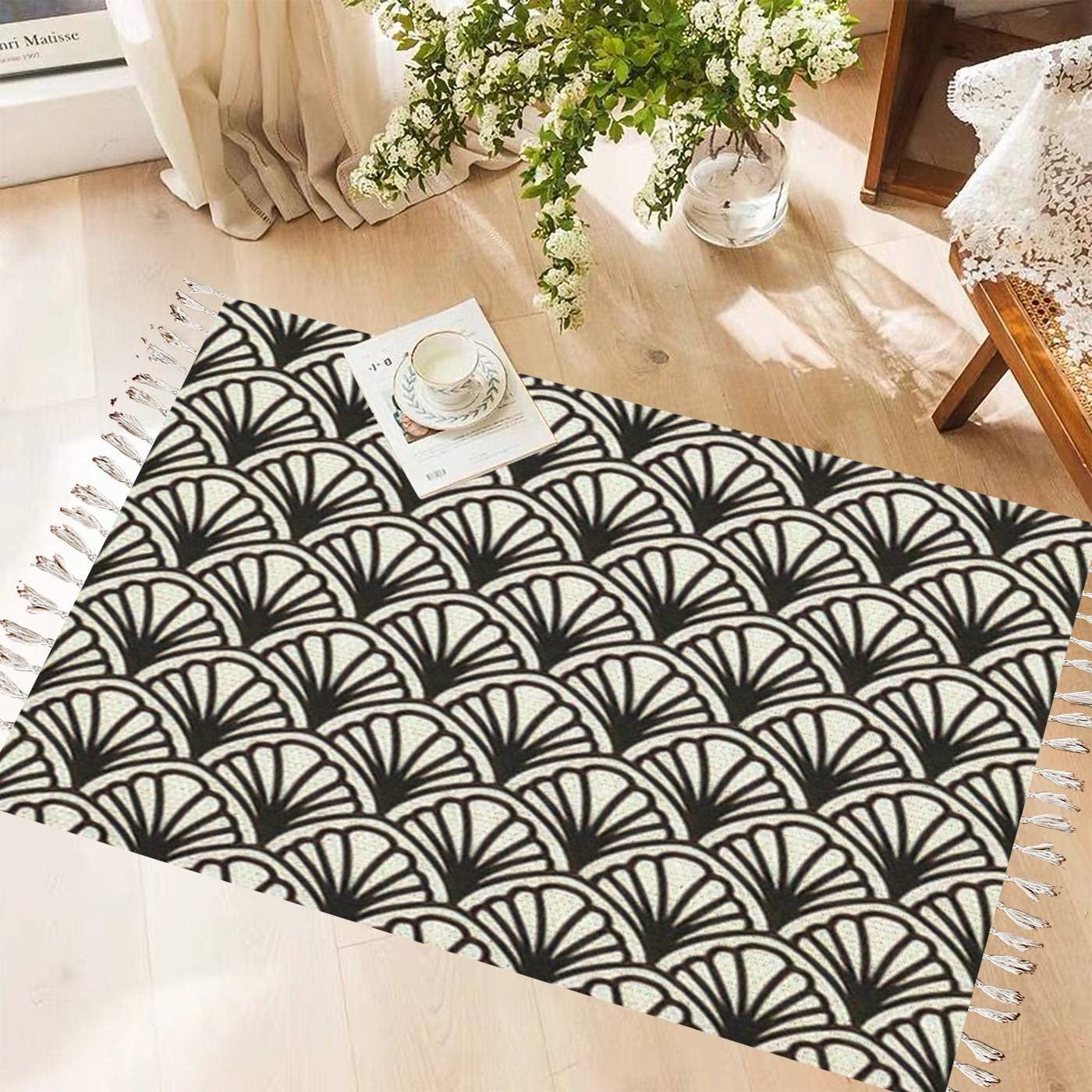 Vintage Cotton Linen Boho Rug with Tassels - Washable Geometric Pattern Area Carpet for Living Room, Bedroom, Kitchen & Outdoor Decor | Antique Style Repeating Design Woven Throw Mat