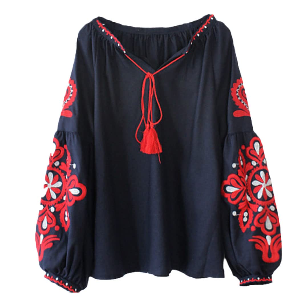 Vintage Floral Embroidered Long Sleeve Blouse for Women - Elegant Lace-Up Tassel Collar Shirt for Casual Wear, Office & Special Occasions