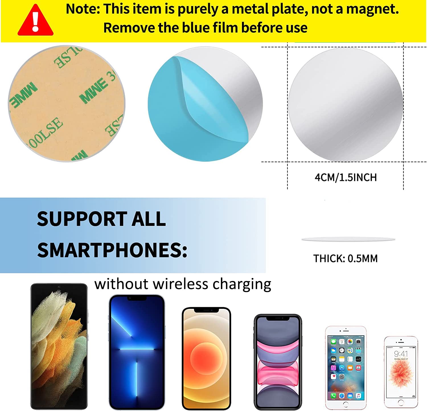 Magnetic Phone Mount Metal Plates - 4 Pack Silver Round Iron Discs with 3M Adhesive for Car, Wall & Phone Holder | Compatible with Most Smartphones | Perfect for Driving, Office & Home Use