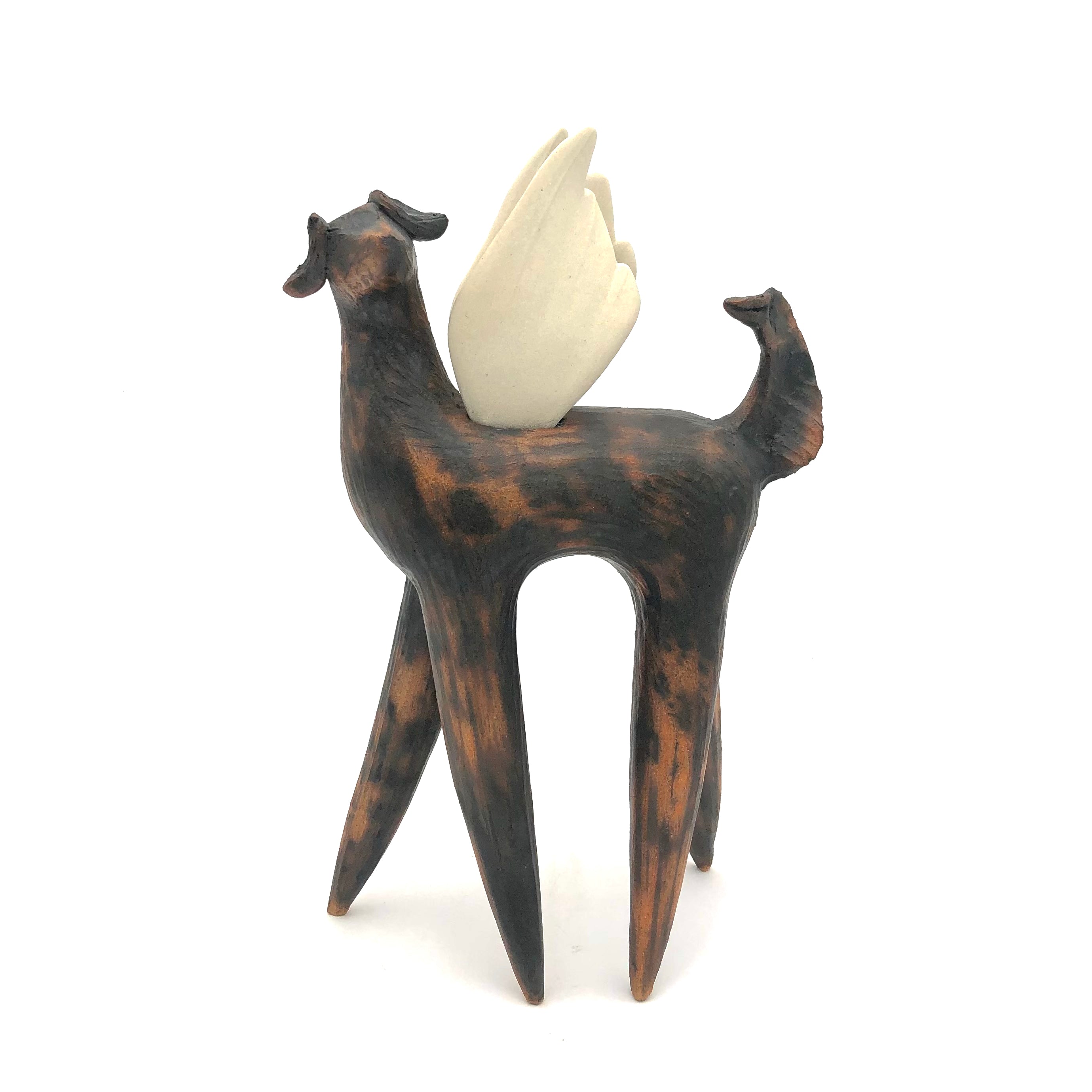 Cathy Broski Wood Fired Ceramic Sculpture - Winged Dog Statue, Handmade Art Pottery for Home Decor, Garden, and Gift Giving