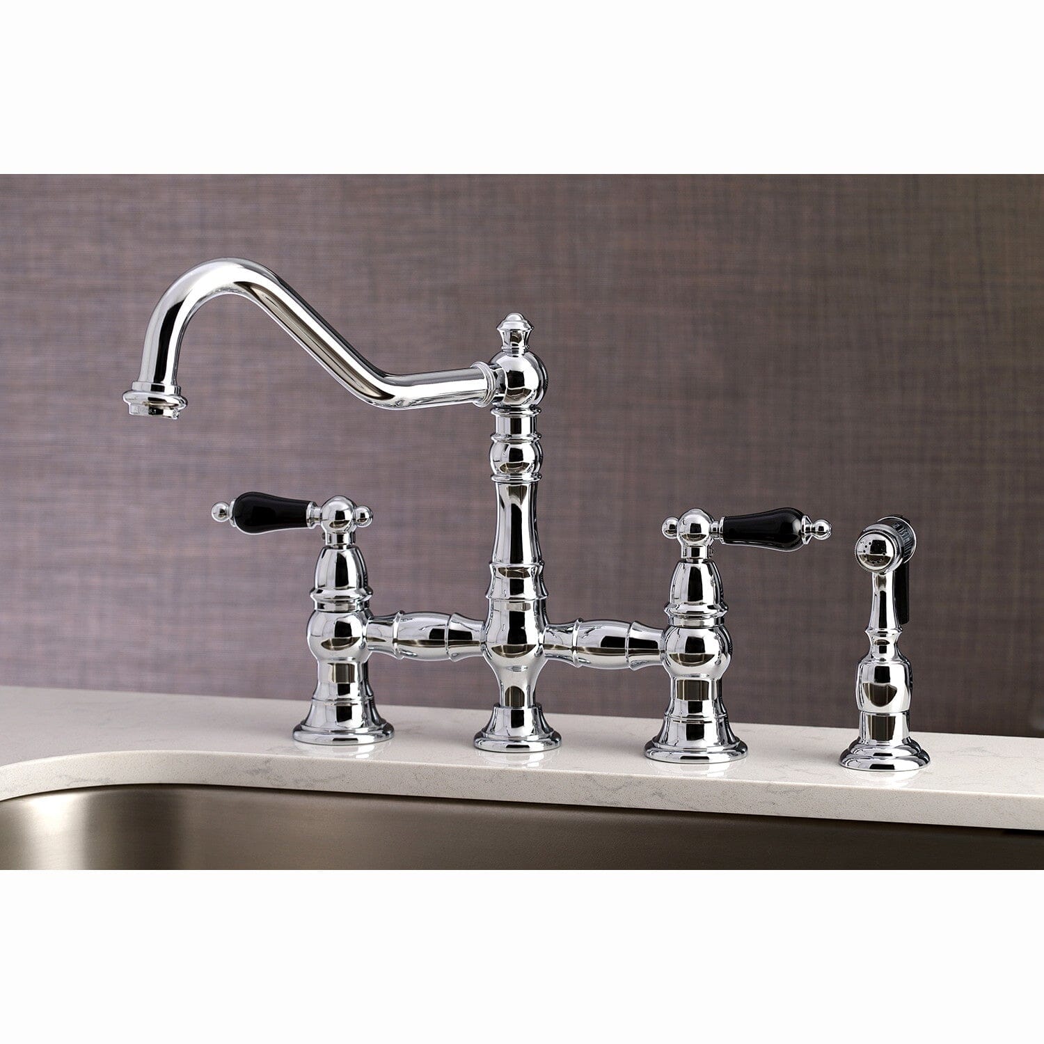 Duchess Two-Handle 4-Hole Deck Mount Bridge Kitchen Faucet with Brass Side Sprayer - Perfect for Farmhouse, Vintage, and Industrial Style Kitchens
