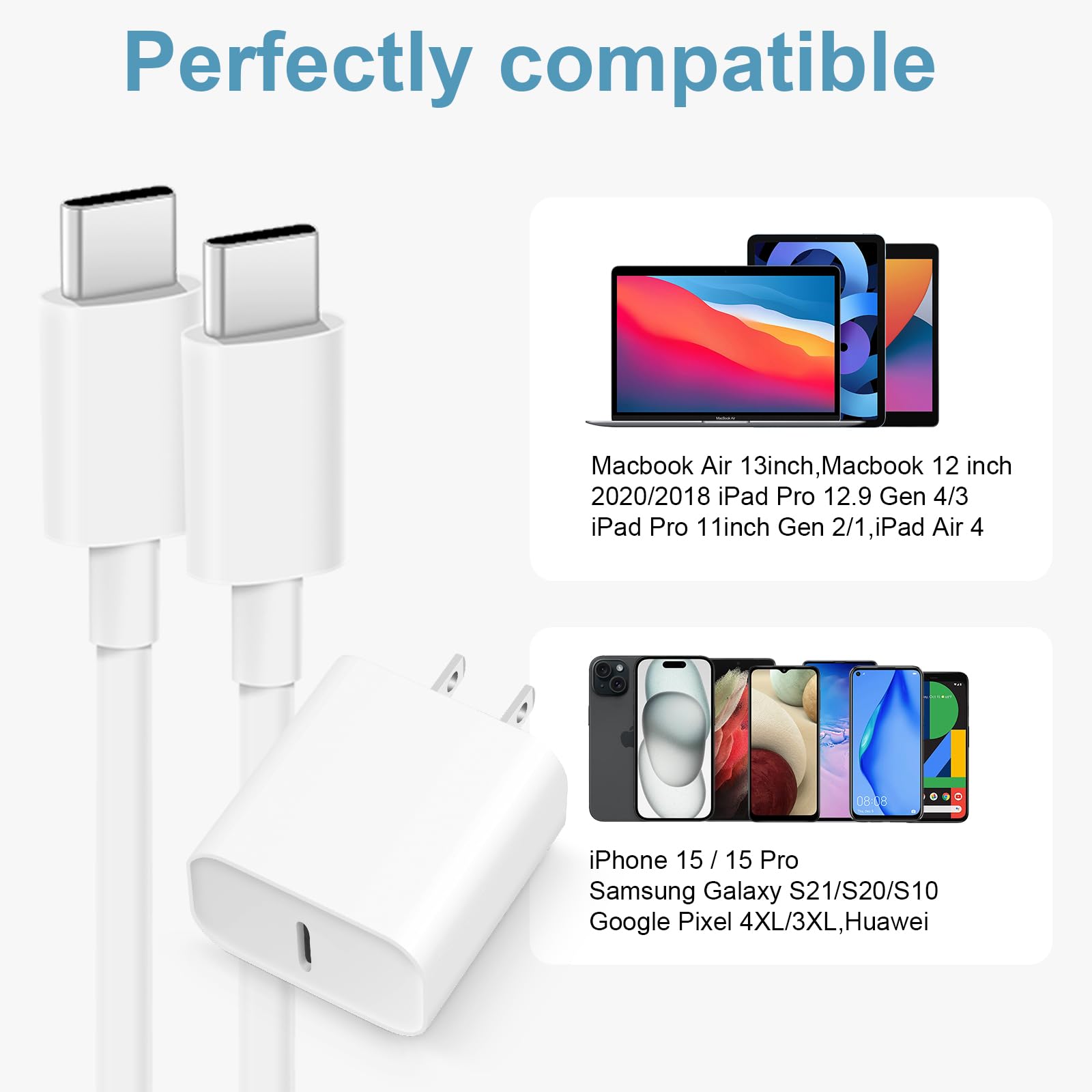Fast Charging USB C Charger Block 2-Pack with 6FT Cord - Compatible with iPhone 16/16 Plus/16 Pro/16 Pro Max & iPhone 15 Series, Samsung Galaxy - Perfect for Home, Office & Travel Charging Needs