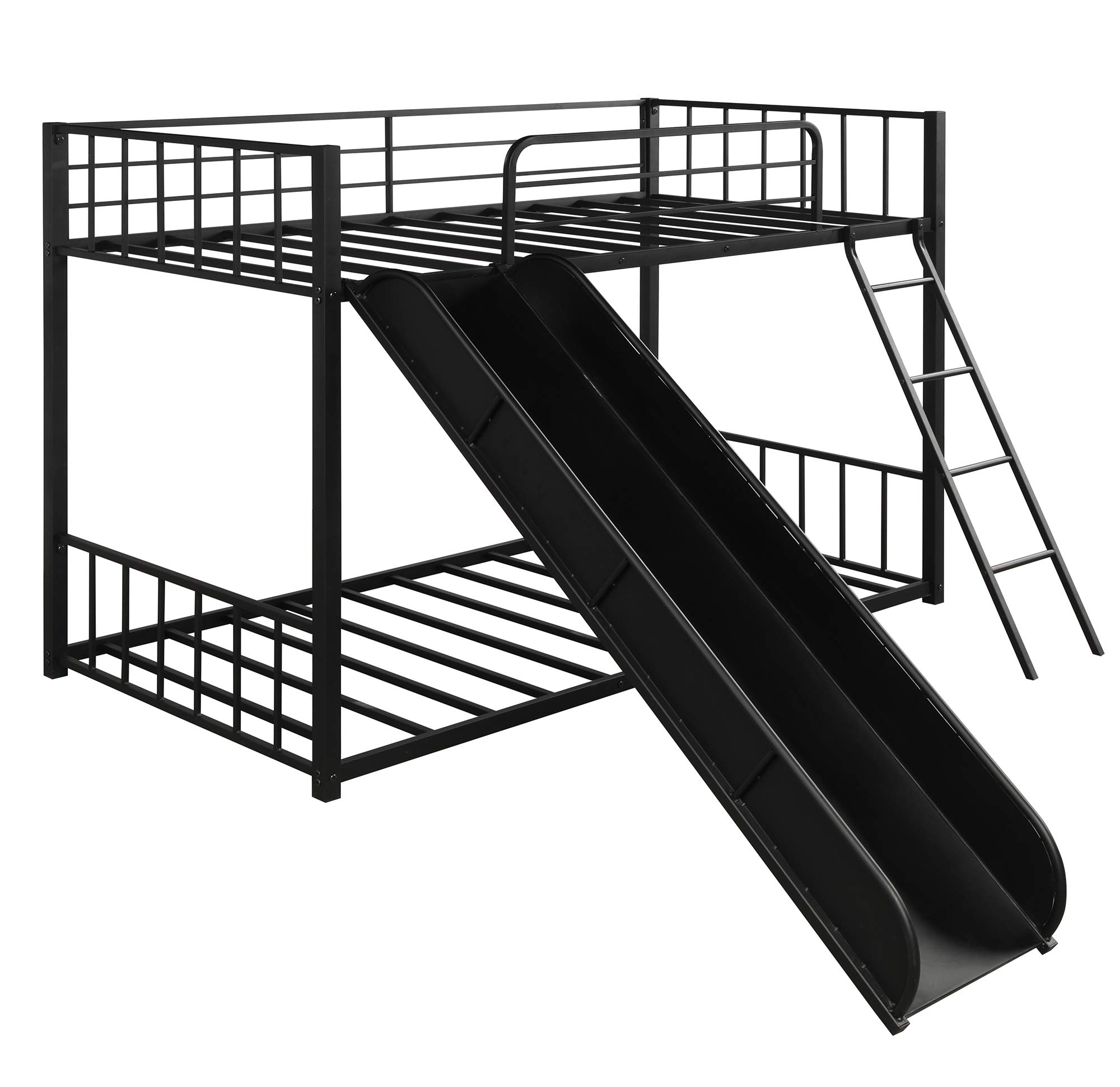 KLMM Heavy Duty Metal Bunk Bed with Slide & Safety Guard Rails - Twin Size Black Bed Frame for Kids & Teens - Perfect for Shared Kids' Rooms, Sleepovers & Space-Saving Bedroom Solutions