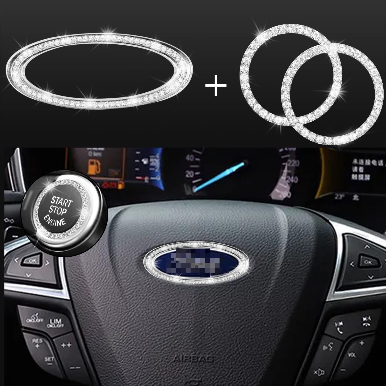 JINGSEN Bling Steering Wheel Logo Caps - Compatible with Ford Fusion, Escape, Edge, Focus, Bronco, Transit, Fiesta, EcoSport - DIY Diamond Crystal Emblem for Car Interior Decoration - Perfect for Personalizing Your Ford Vehicle