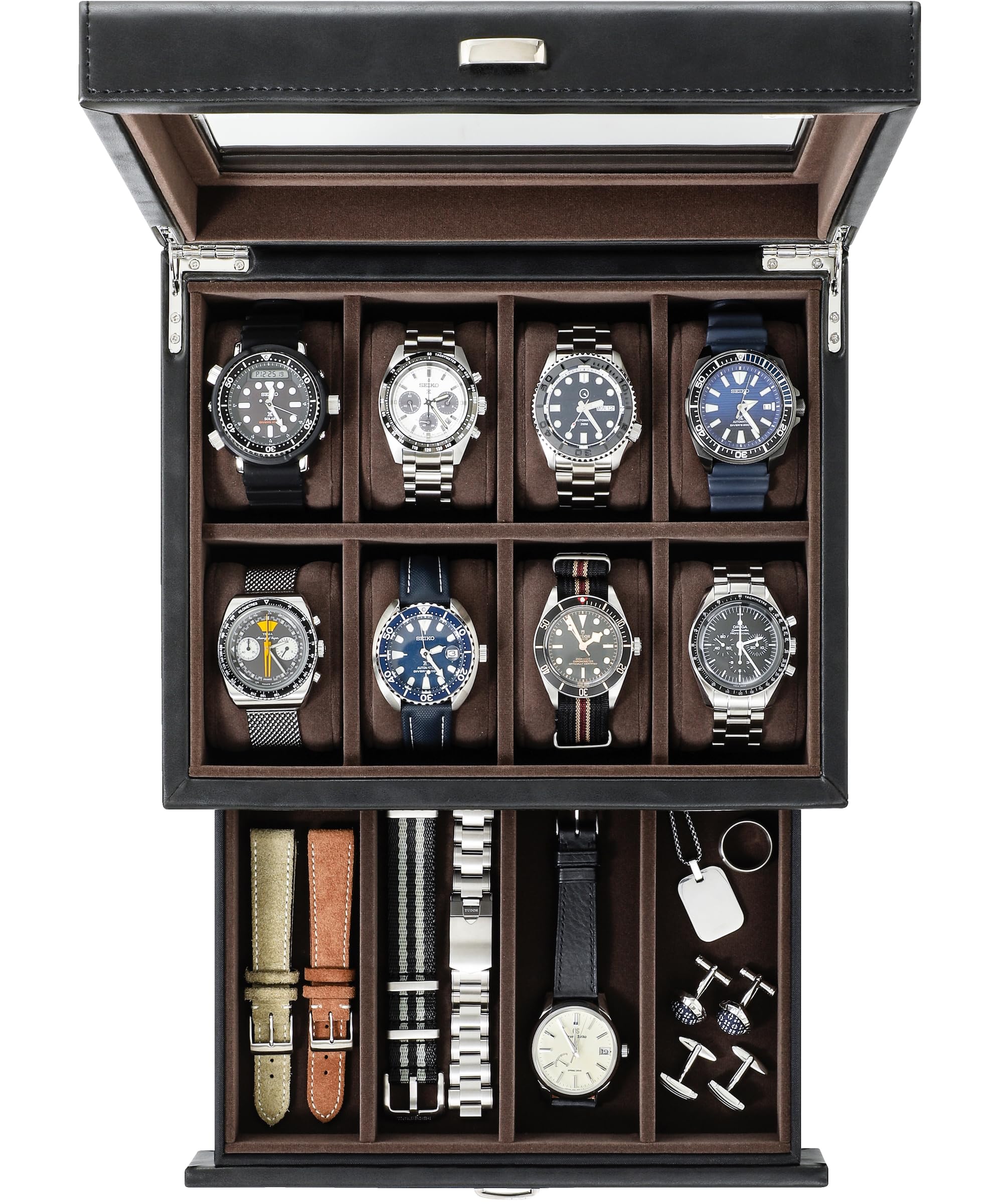 TAWBURY 8 Slot Watch Organizer Box with Storage Drawer - Premium Faux Leather Watch Case for Men | Luxury Watch Display & Storage Box with Valet Drawer | Perfect for Watch Collectors & Gift Giving