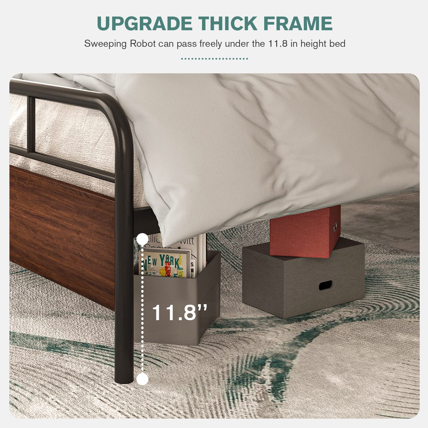 Industrial Style Queen Bed Frame with Wood Headboard - 12