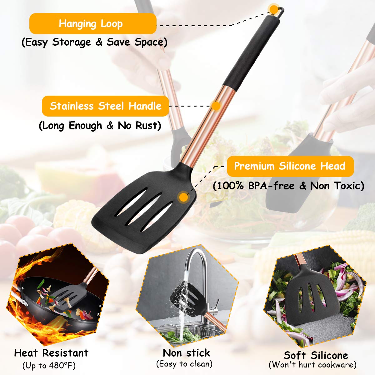 14-Piece Silicone Cooking Utensil Set - Non-Stick, Heat Resistant Kitchen Tools with Copper Stainless Steel Handles (Turner, Tongs, Spatula, Spoon) - BPA Free & Non-Toxic - Perfect for Baking, Frying & Everyday Cooking