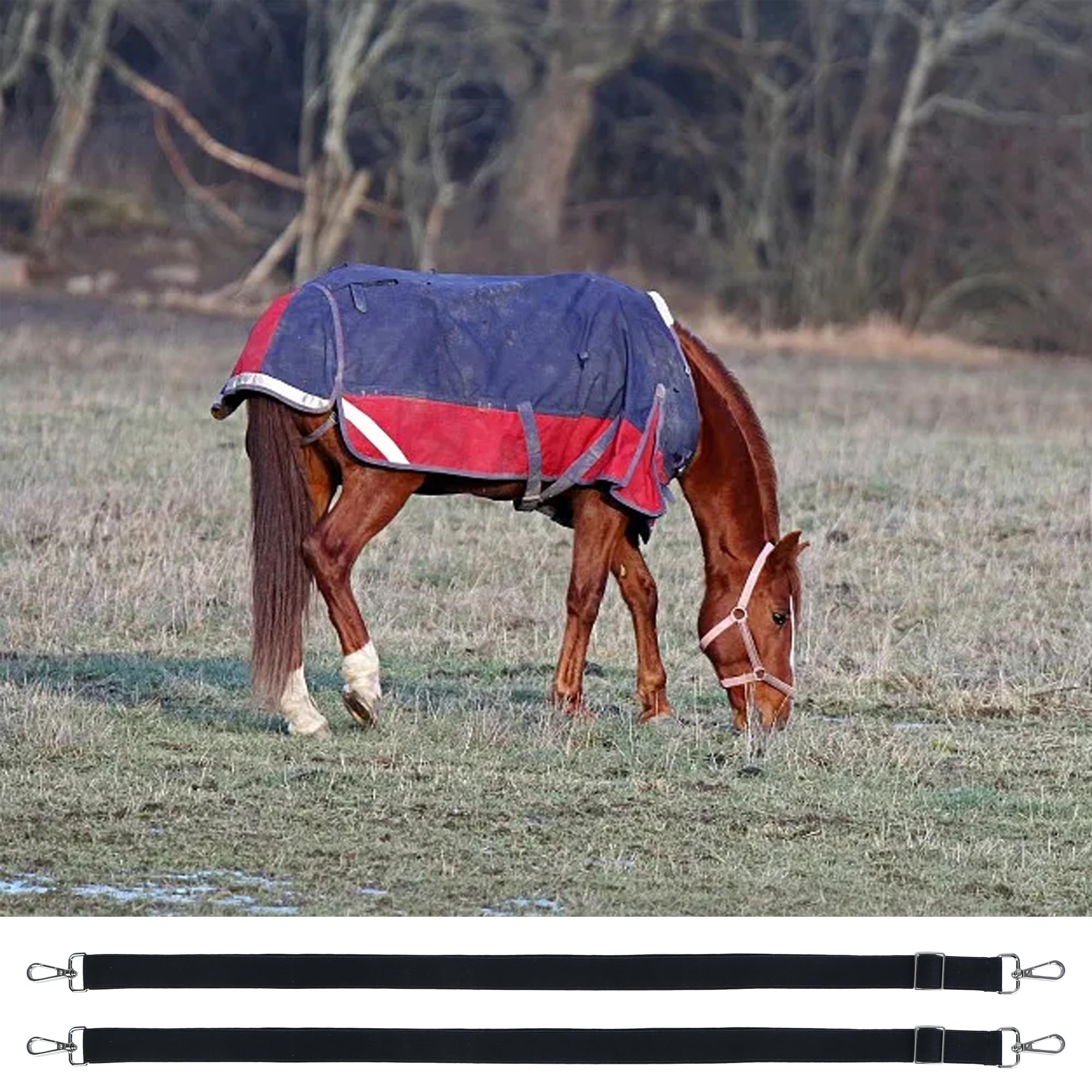 Adjustable Elastic Horse Blanket Leg Straps with Metal Double Swivel Snaps - Stretchy Replacement Belly Straps for Winter Horse Blankets (Black, 4 Pieces) - Perfect for Securing Horse Blankets in Cold Weather & Preventing Slippage During Riding or Turnout